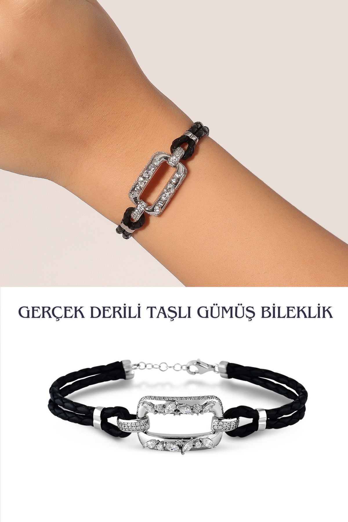 Hepimitu Taşlı Gümüş Deri Bileklik