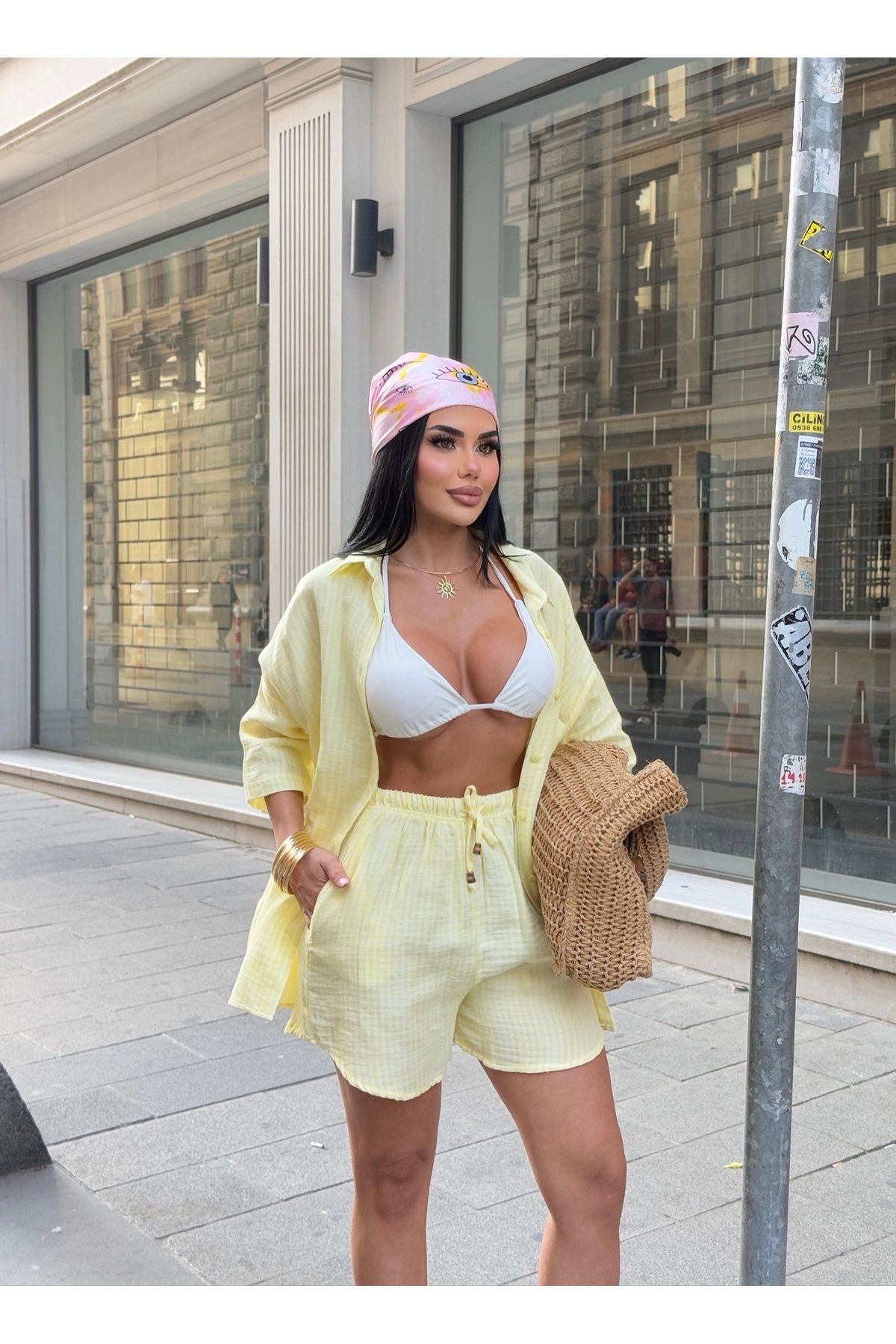 LB Laluna Butik Kadın Keten Çizgili Oversize Gömlek Şort Takımı