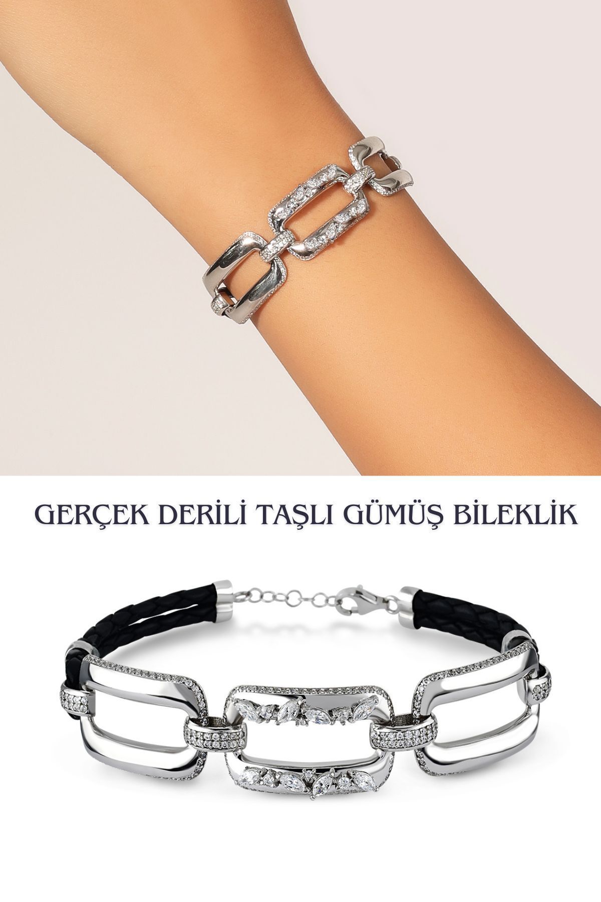 Hepimitu Taşlı Gümüş Deri Bileklik