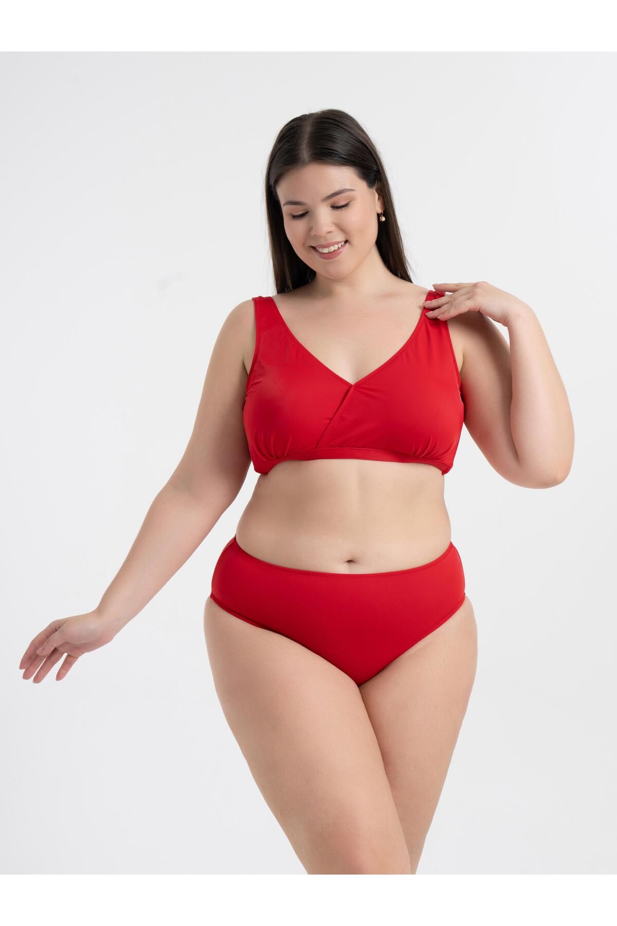 AQUAVİVA Kadın Kırmızı Büyük Beden Quinn Kruvaze Detaylı Toparlayıcı Bikini Takımı