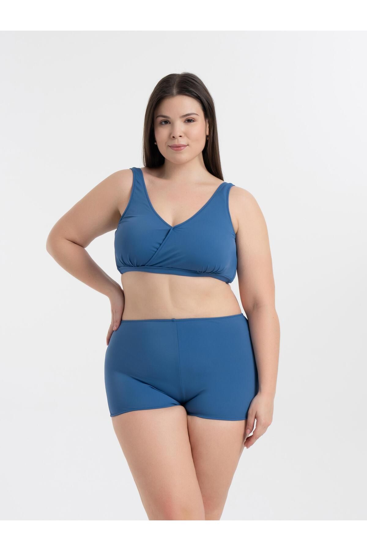 AQUAVİVA Kadın İndigo Büyük Beden Quinn Kruvaze Detaylı Toparlayıcı Şortlu Bikini Takımı