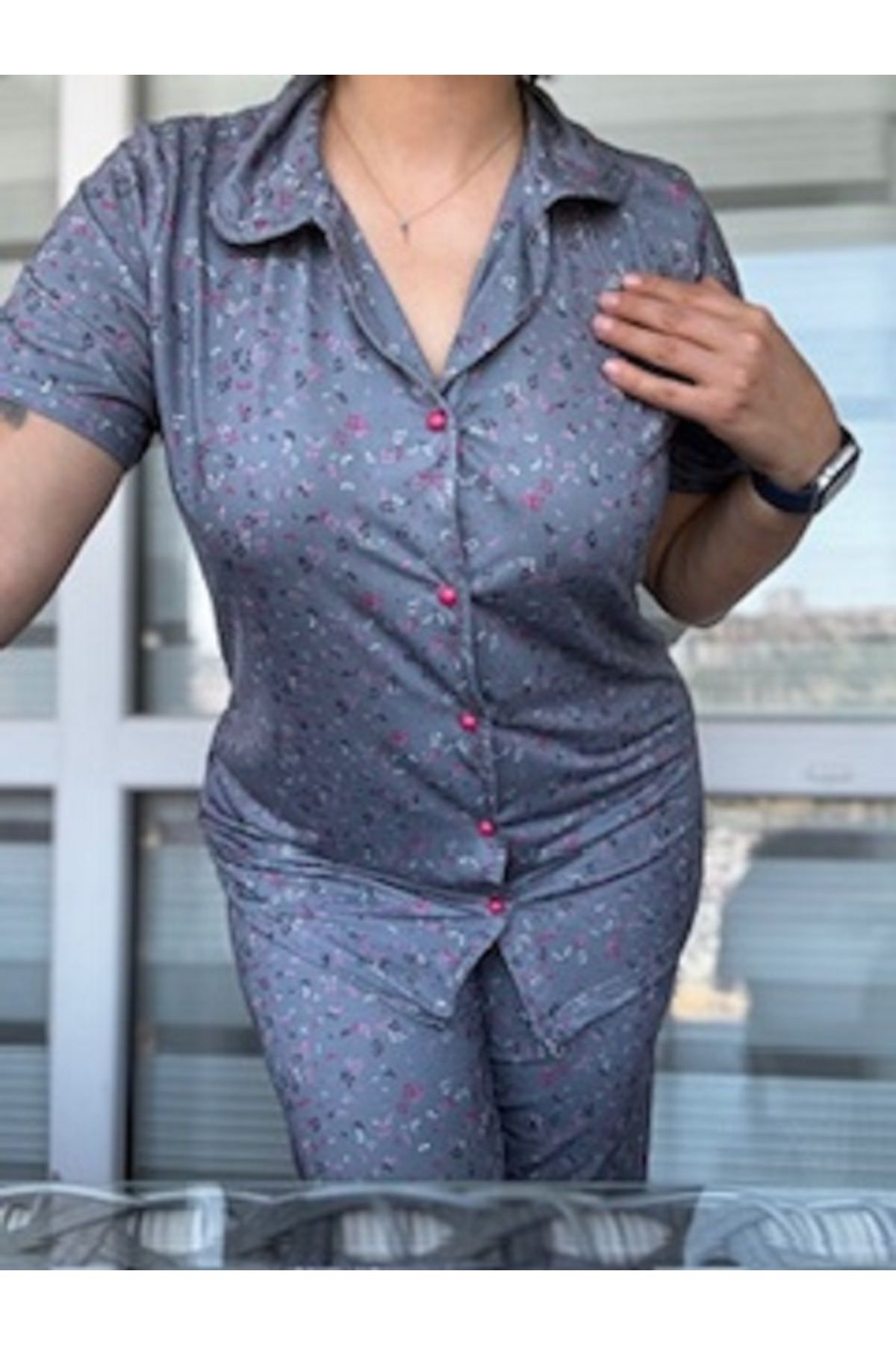 pijamiss gri yakalı düğmeli esnek rahat kalıp yazlık pijama takımı