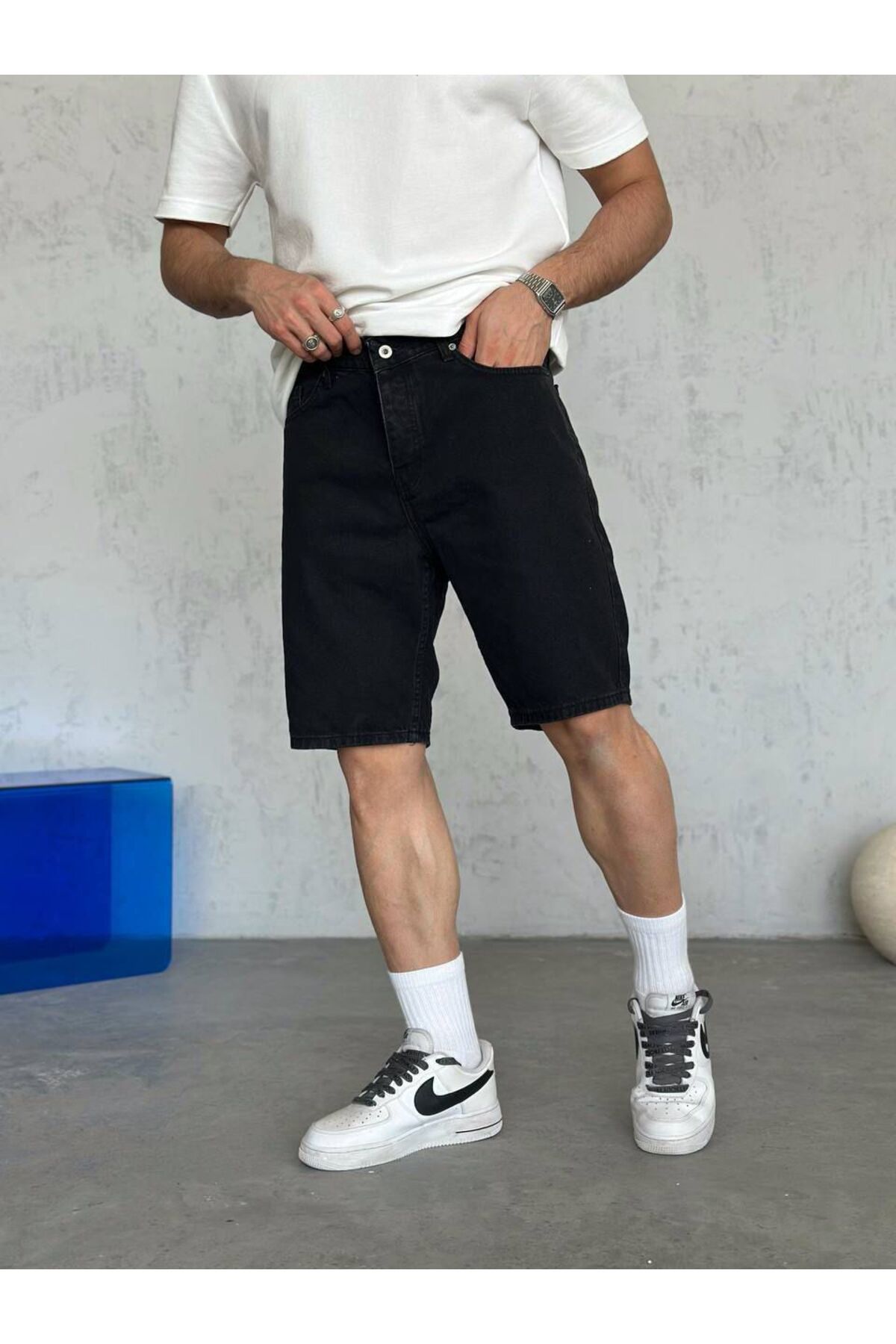 BY FAS MAN Erkek Siyah Düz Denim Şort –– Regular fit Yüksek Bel