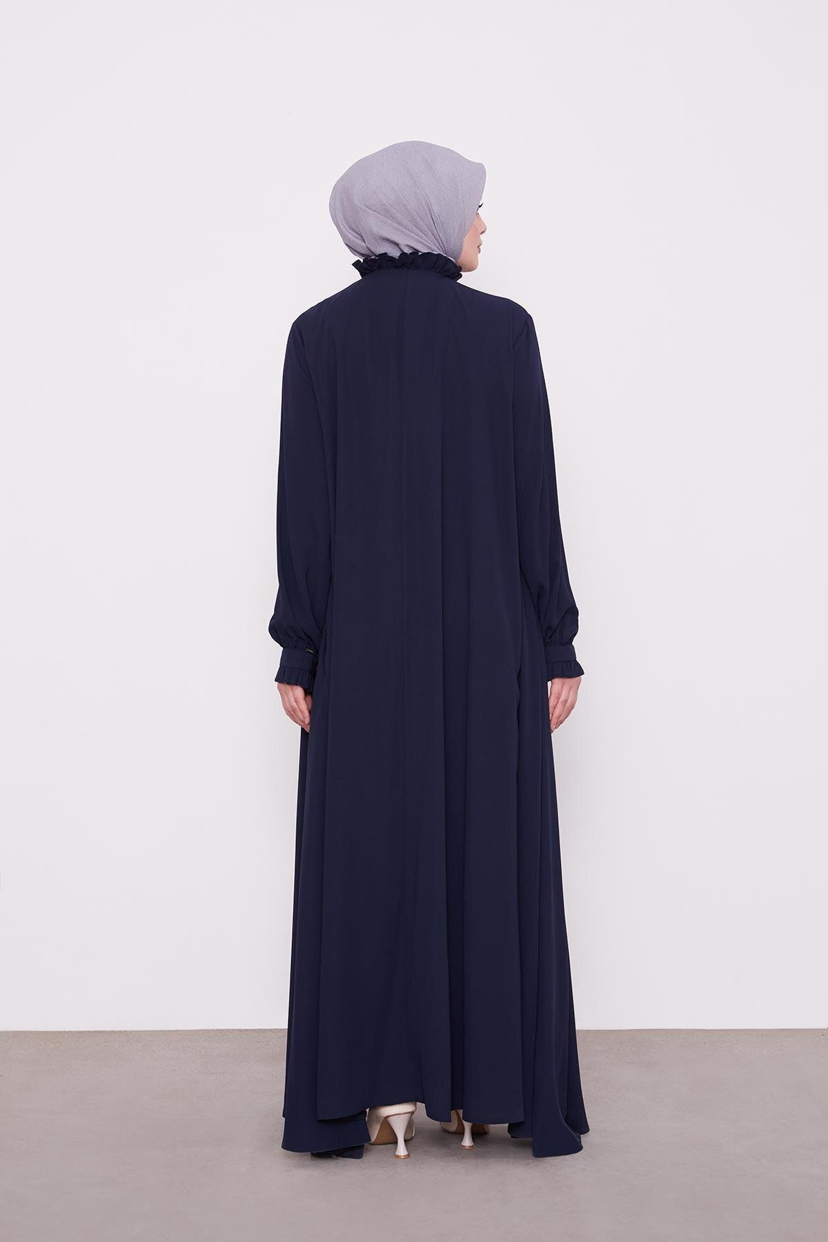 Levidor-Medine Silk Ferace with Buttoned Flared Collar and Ruffle Detail on the Front 6