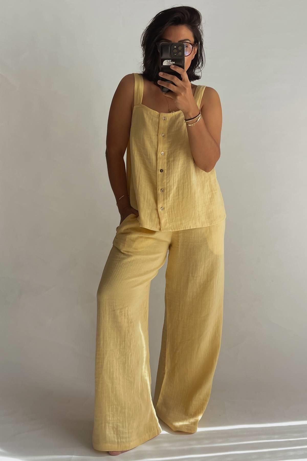 MJAMASS Askılı Müslin Sarı Pijama Takımı