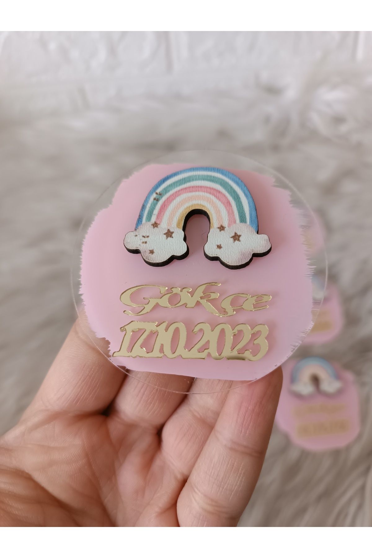 Doğrukan Hediyelik Pastel renk gökkuşağı yenidoğan doğum günü pleksi magnet hediyelik(10 adet)