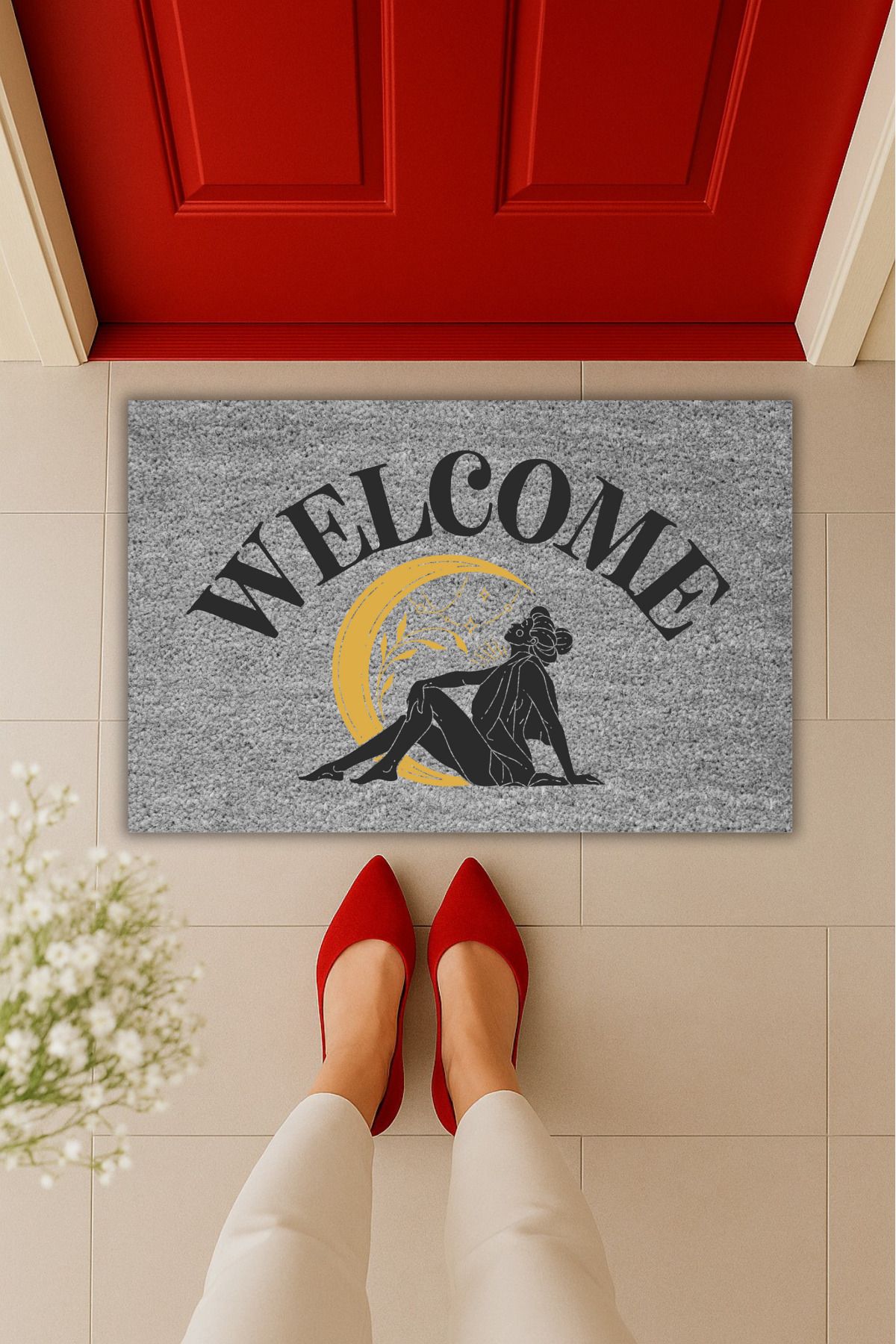 Dormot Home Yüksek Kaliteli Dijital Baskı Gri Ay Ve Kadın Figürlü Welcome Kapı Önü Paspası