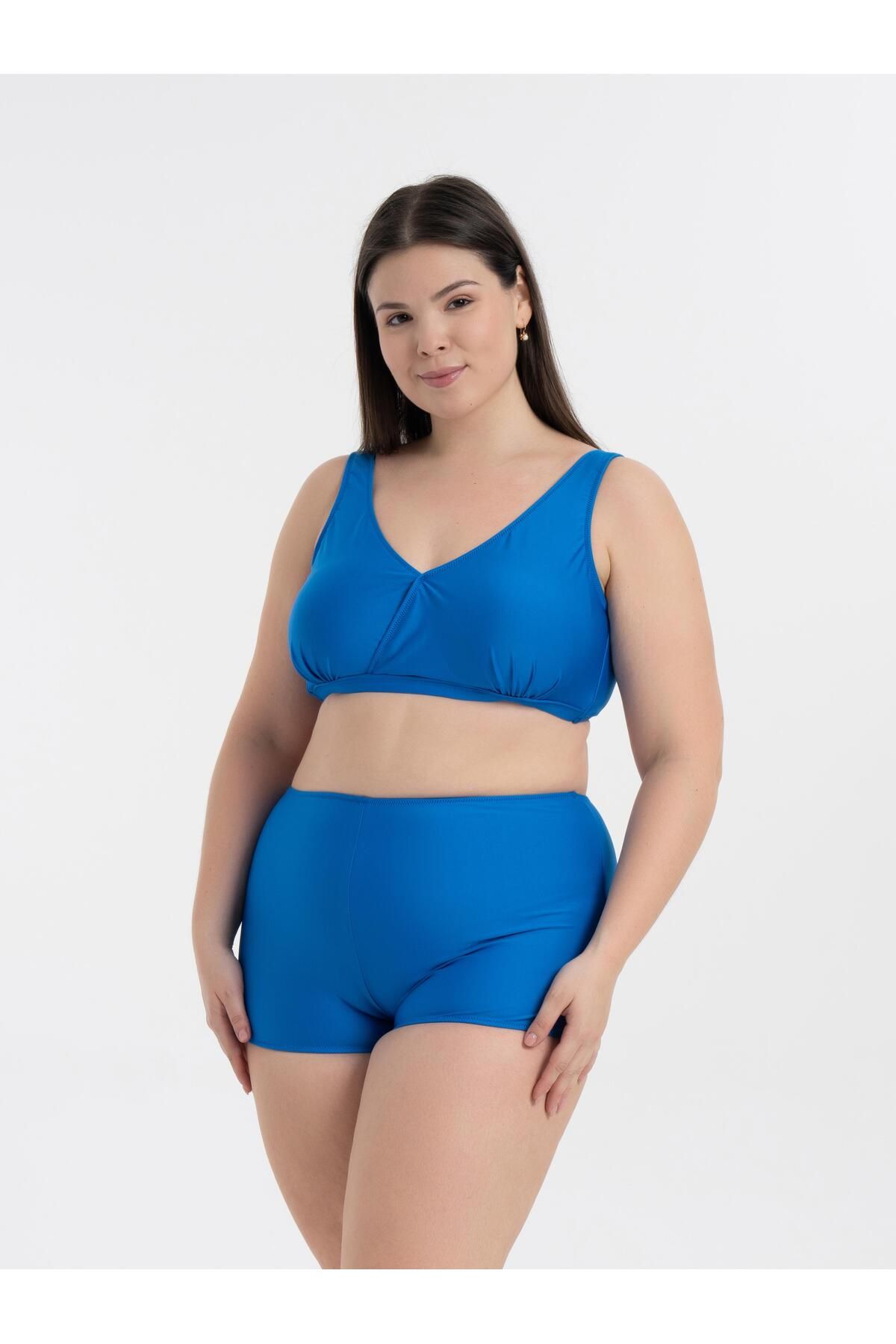 AQUAVİVA Kadın Saks Büyük Beden Quinn Kruvaze Detaylı Toparlayıcı Şortlu Bikini Takımı