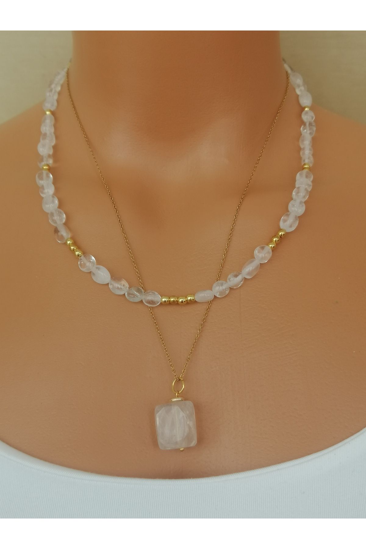 LemaStone Berrak kristal kuvars doğal taşlı çelik zincir kolye seti