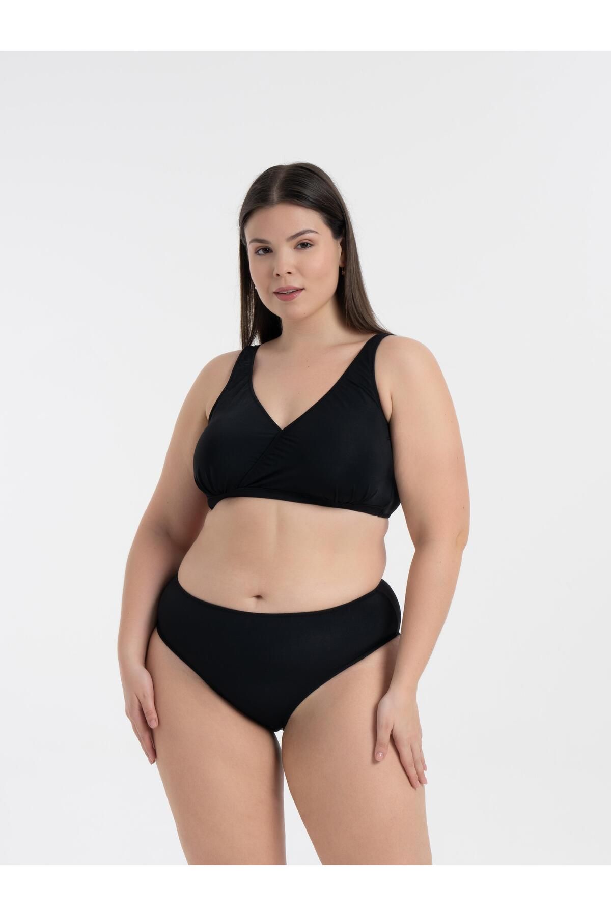 AQUAVİVA Kadın Siyah Büyük Beden Quinn Kruvaze Detaylı Toparlayıcı Bikini Takımı
