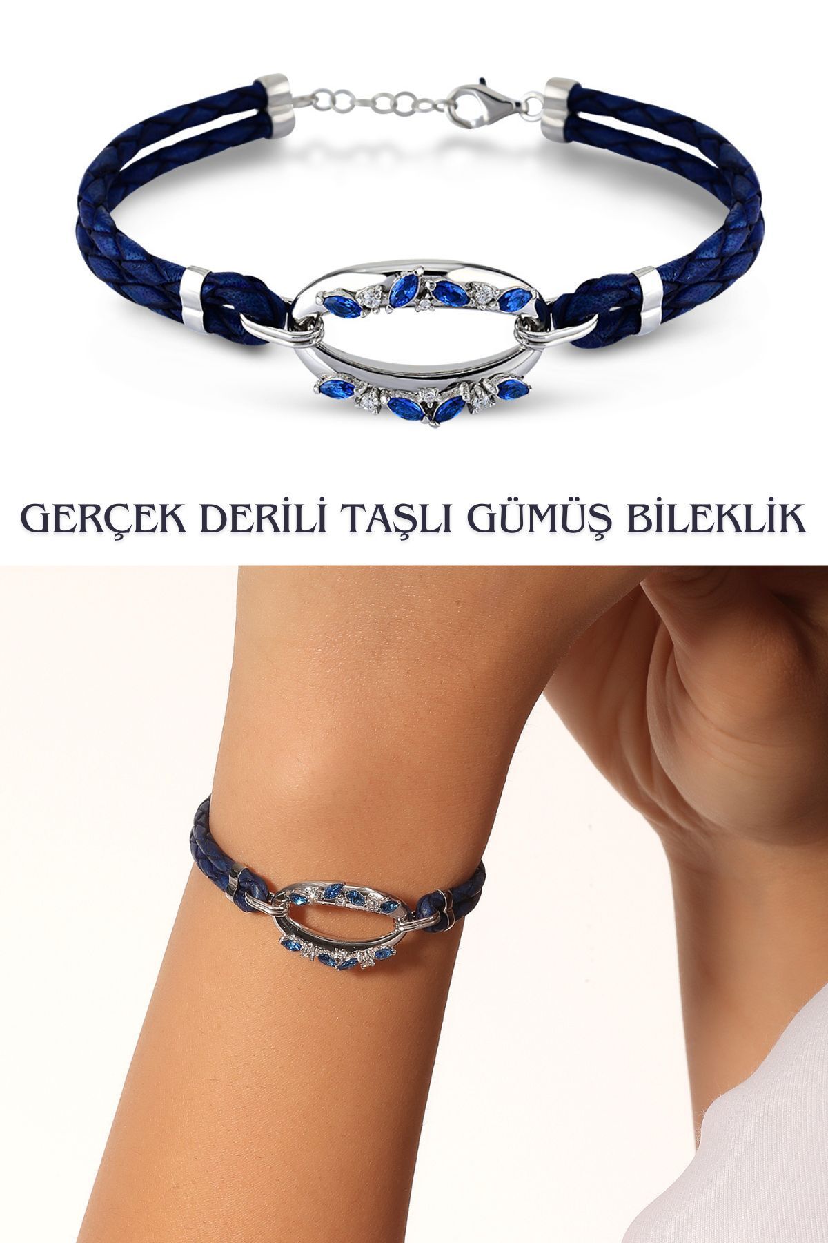 Hepimitu Taşlı Gümüş Deri Bileklik