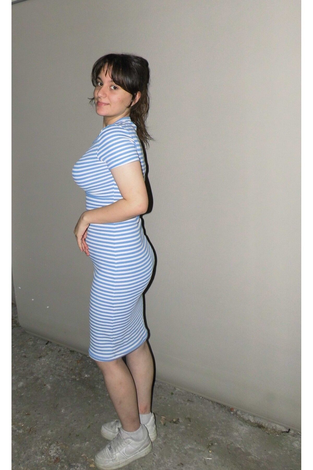 Stitch Shop KAŞKORSE DİZ ALTI ELBİSE MAVİ İNCE ÇİZGİLİ