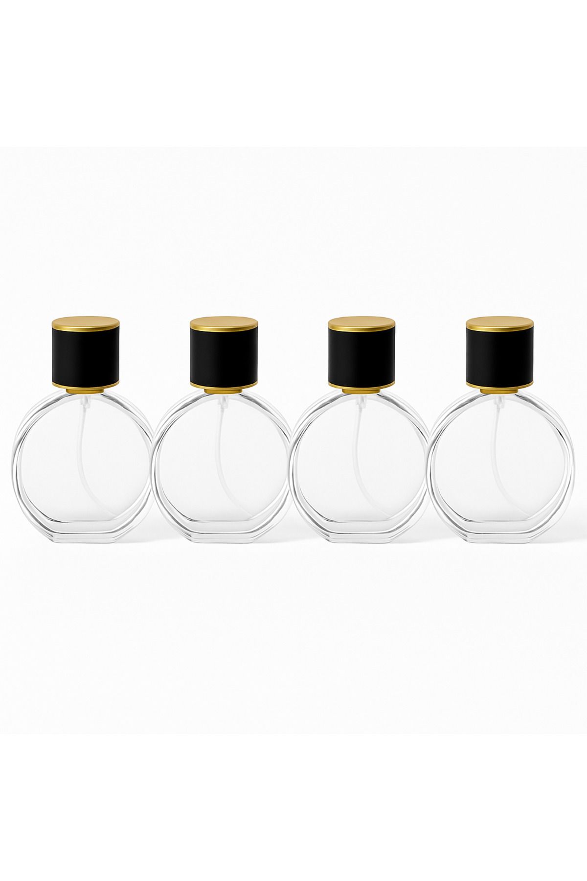 Büyülü Şişeler 50 ml Siyah Altın Detaylı Yuvarlak Cam Boş Parfüm Şişesi 4 Adet