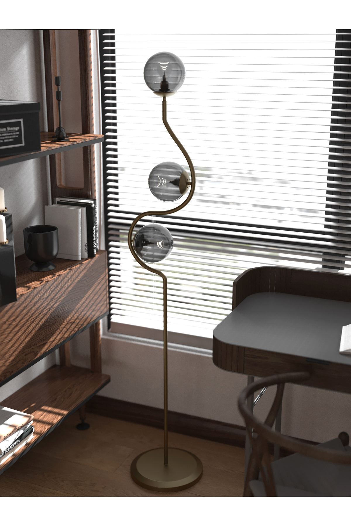 Perla 3-Piece Smoked Glass Globe Floor Lamp - Modern Floor Lamp with Curved Aged Body