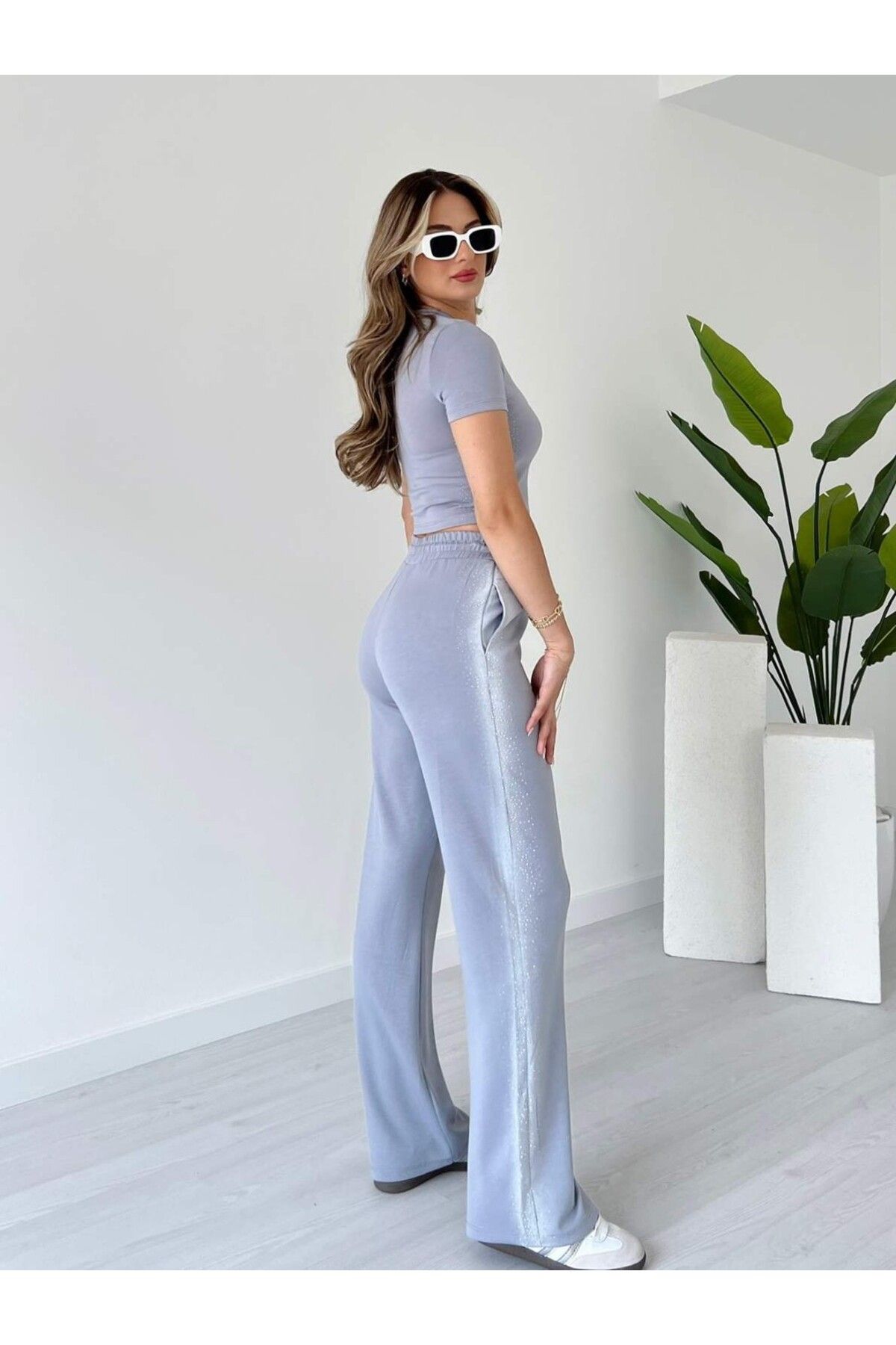 tiamoda Modal Kumaş Taş Süslemeli Crop Takım