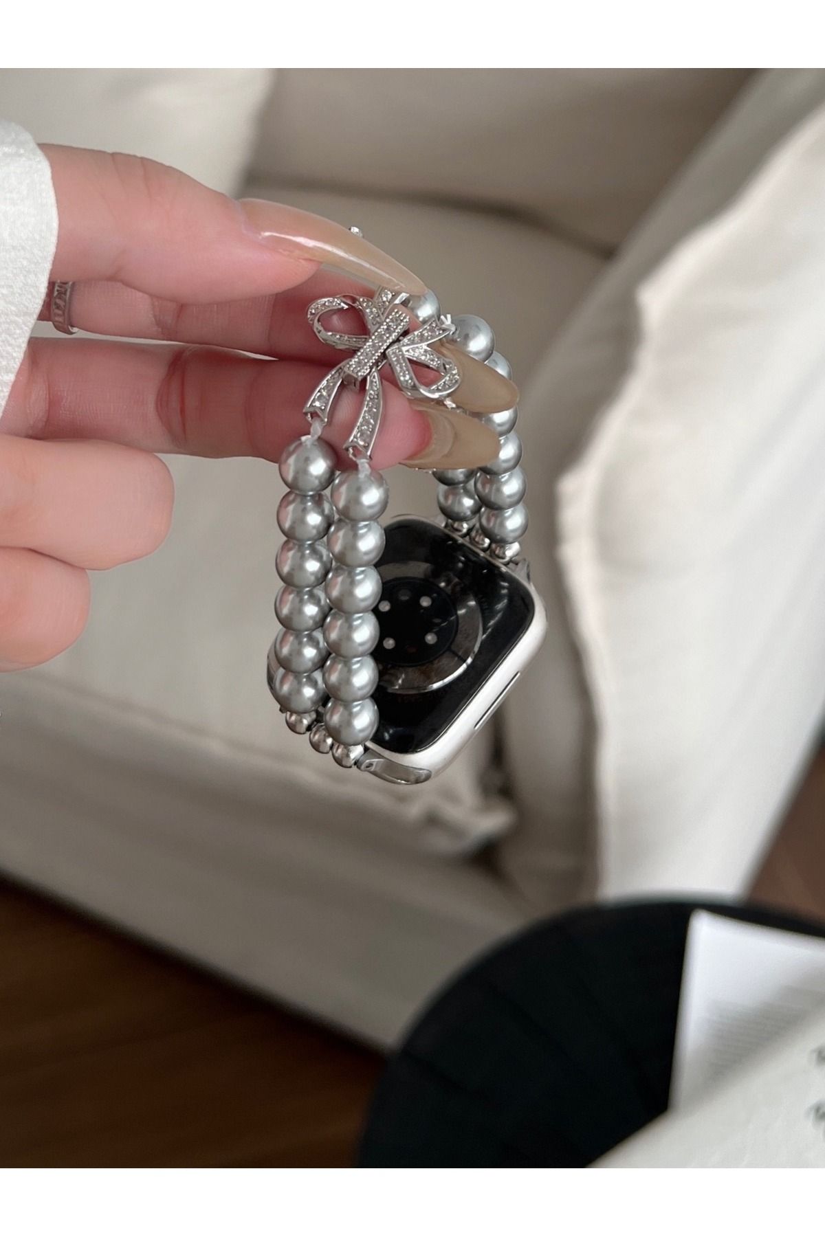 Alstrap Apple Watch 10 42mm 4 5 6 7 8 9 Se Uyumlu 38 40 41mm Çift Sıra İncili Fiyonk Detaylı Kordon KAyış