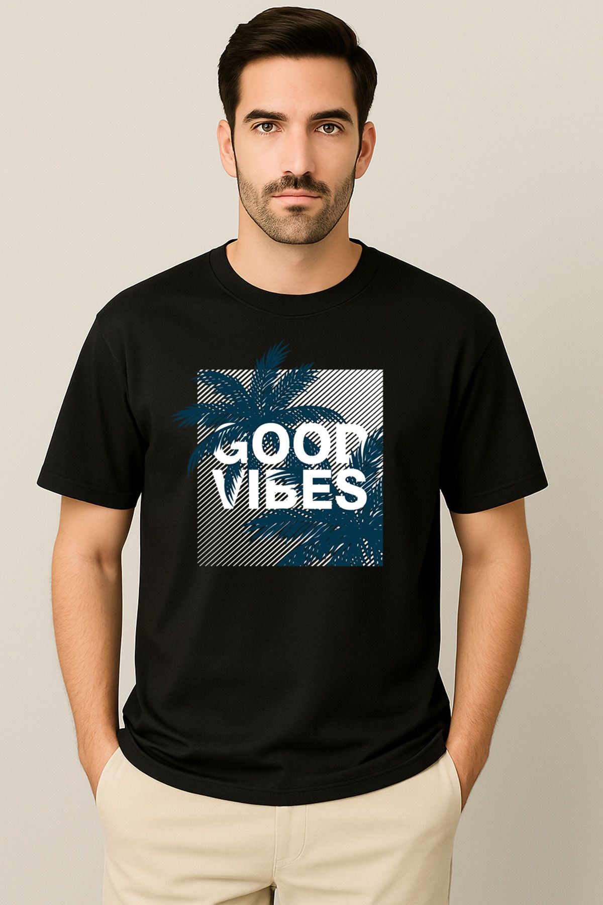 PARSHEY Erkek - Kadın %100 Pamuk Good Vibes Palmiye Desenli Baskılı Yarım Kollu Bisiklet Yaka T-Shirt