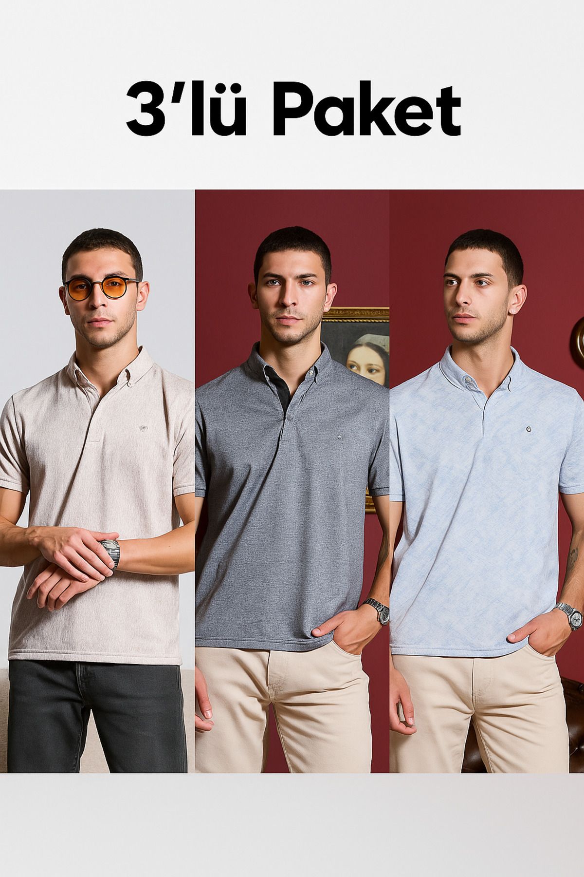 DAMGA JEANS Erkek 3'Lü Paket Kısa Kol Keten Polo Yaka Tişört