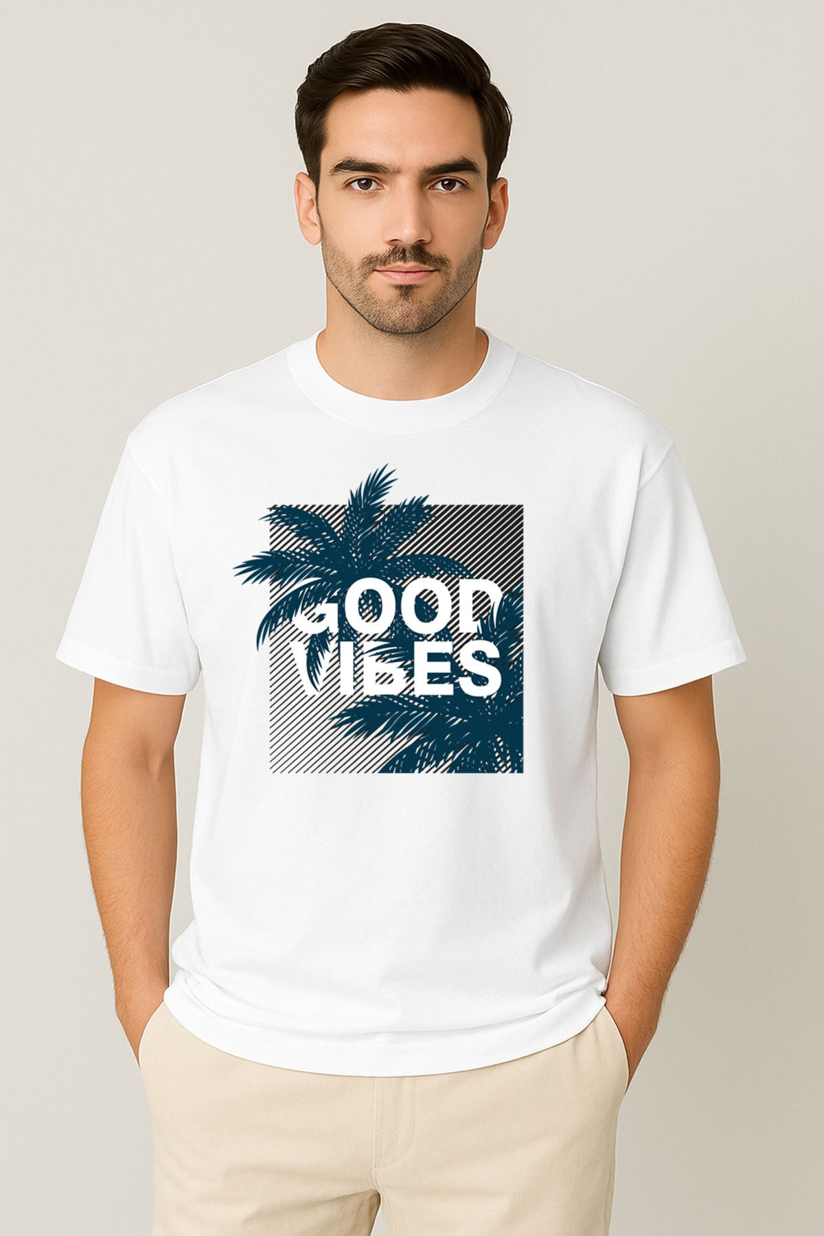 PARSHEY Erkek - Kadın %100 Pamuk Good Vibes Palmiye Desenli Baskılı Yarım Kollu Bisiklet Yaka T-Shirt