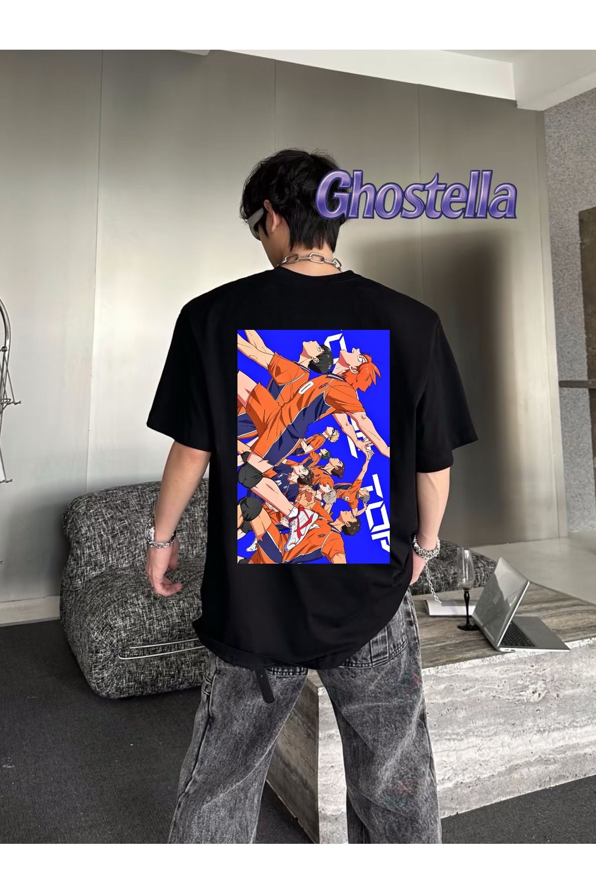 Minga London Siyah Haikyu Anime Baskılı Oversize Unisex Tshirt -Ghostella