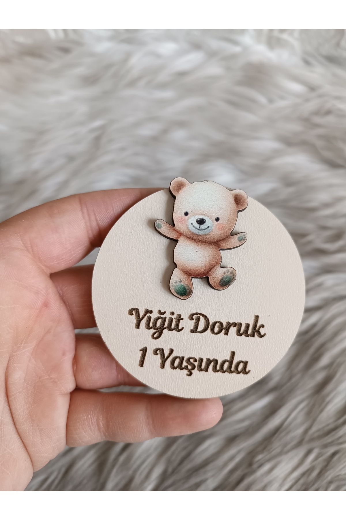 Doğrukan Hediyelik Krem renk ayıcıklı ahşap yenidoğan doğum günü magnet hediyelik (10 adet)