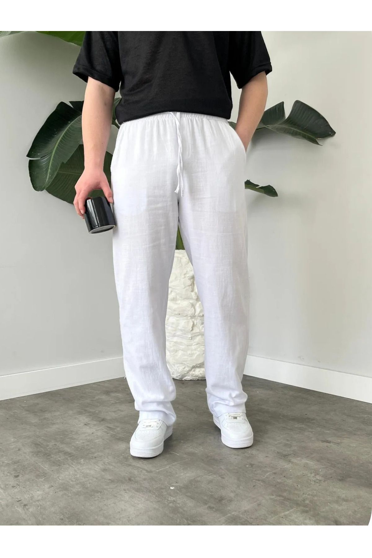 DEEPSENSE Erkek Beyaz Yazlık Müslin Keten Pamuklu Kumaş Rahat Kesim Pantalon