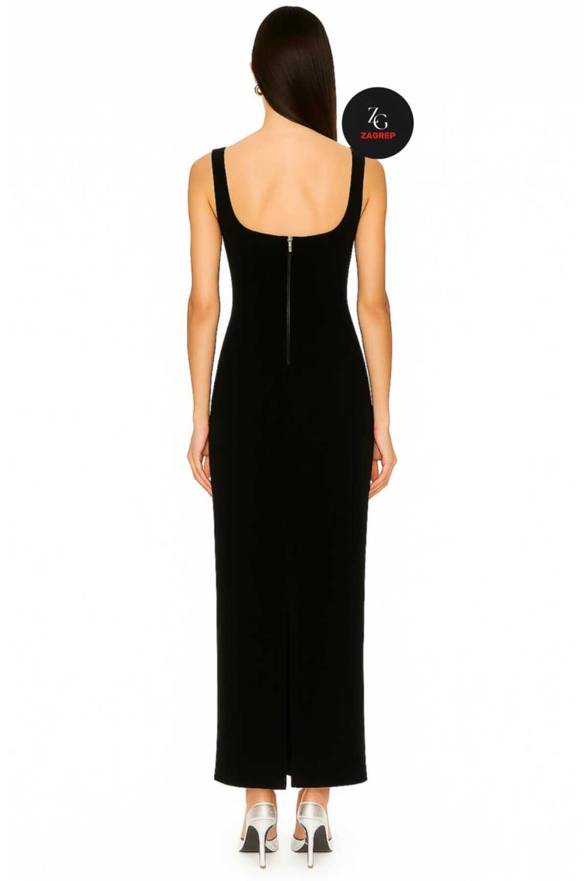 Zagrep  Kadın Siyah Önden Yırtmaçlı Arkadan fermuarlı İnce Askılı Midi Elbise - Görsel 2
