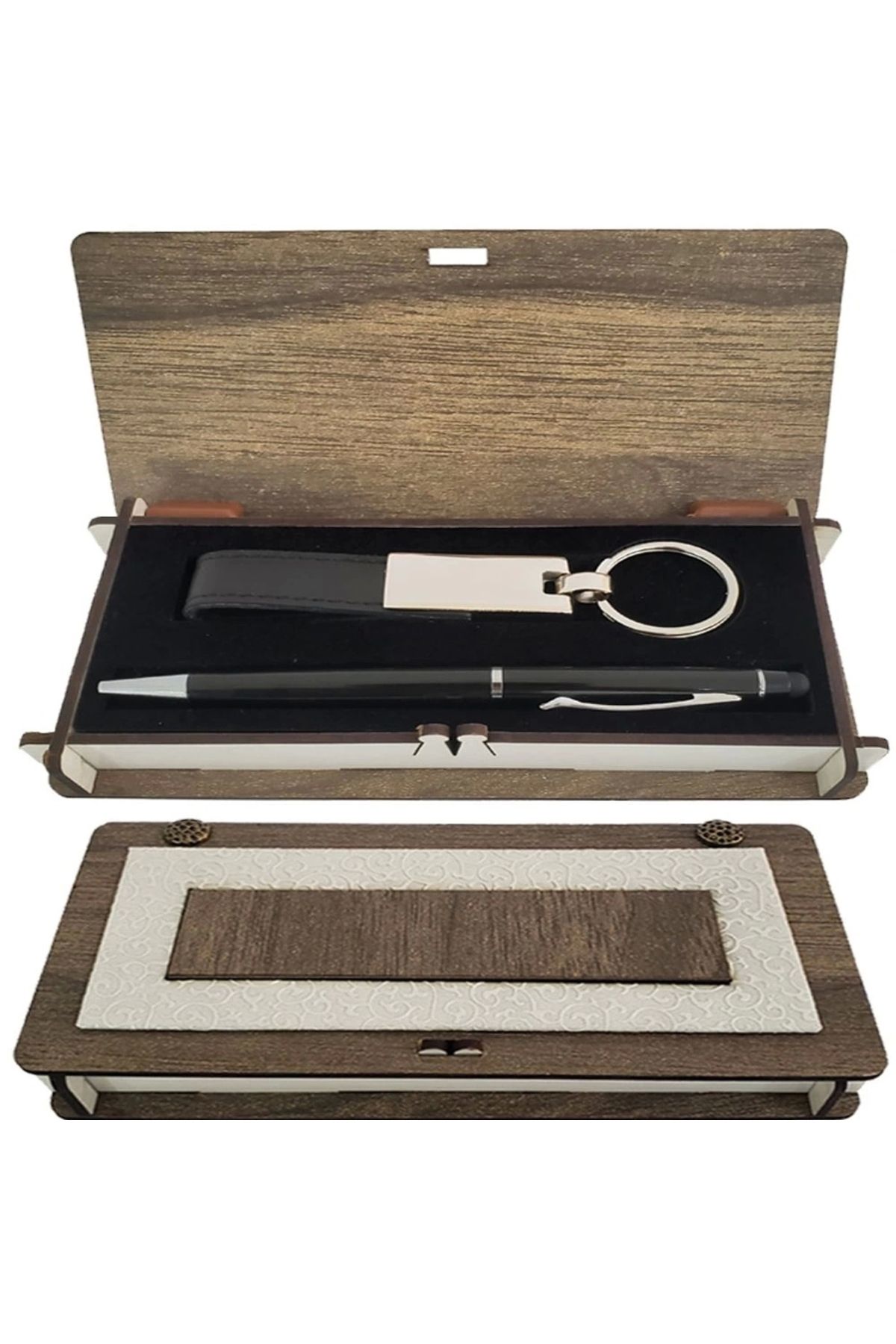 shop Ahşap Kutulu Siyah Anahtarlık Ve Kalem Set