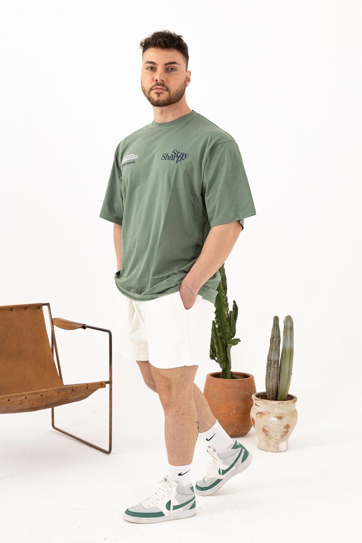 QUİCKPREP Stay Sharp Oversize Yeşil T-Shirt – Erkek Günlük Stil %100 Pamuk