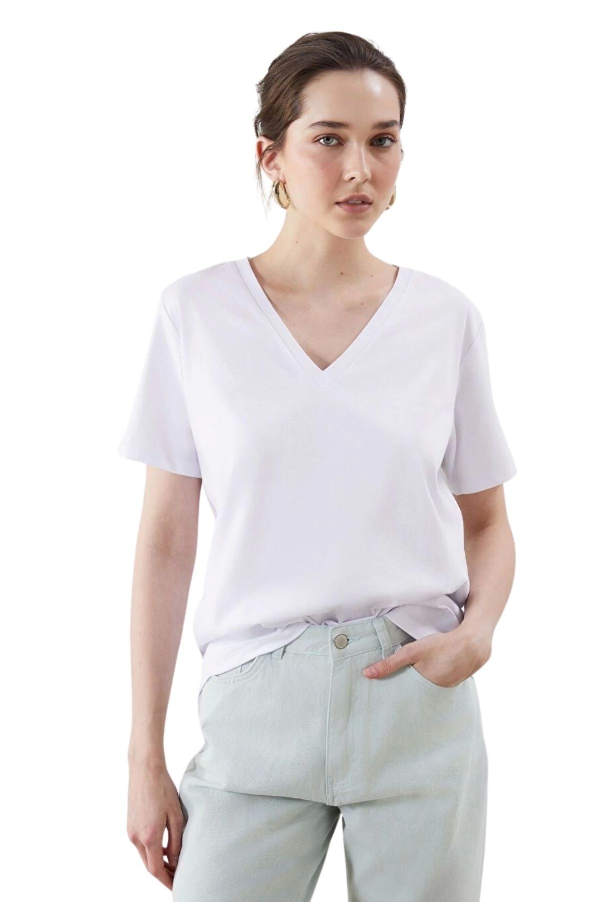 Tam12den Home Kadın V Yaka Basic Pamuklu T-Shirt Beyaz