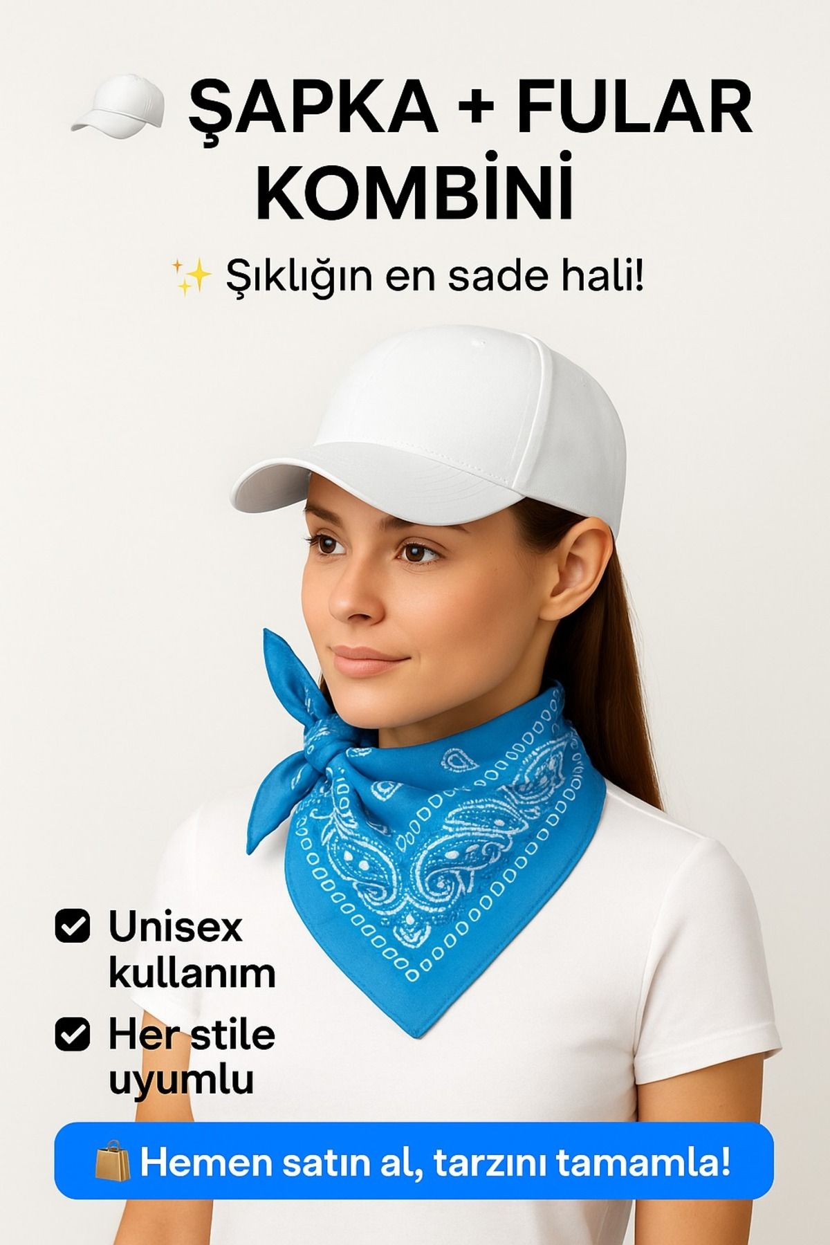 Bandana Unisex - Beyaz Kasket Spor Şapka + Renk Seçenekli % 100 Pamuk Paisley Desenli Fular Seti
