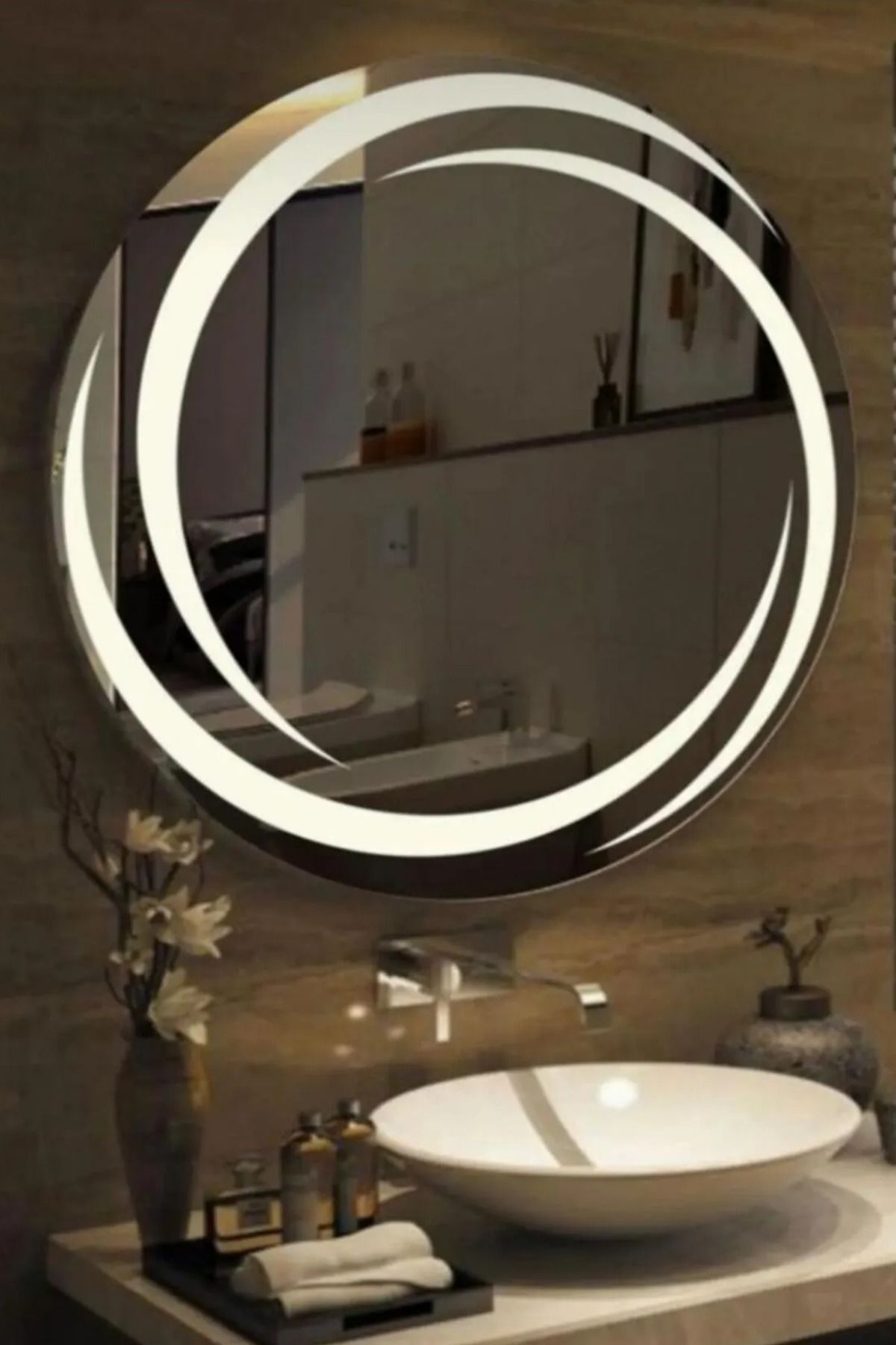 ZERAYNA 60x60 Yuvarlak LED Işıklı Dekoratif Ayna – Banyo, Ofis, Güzellik Merkezi ve Lavabo Kullanımı İçin