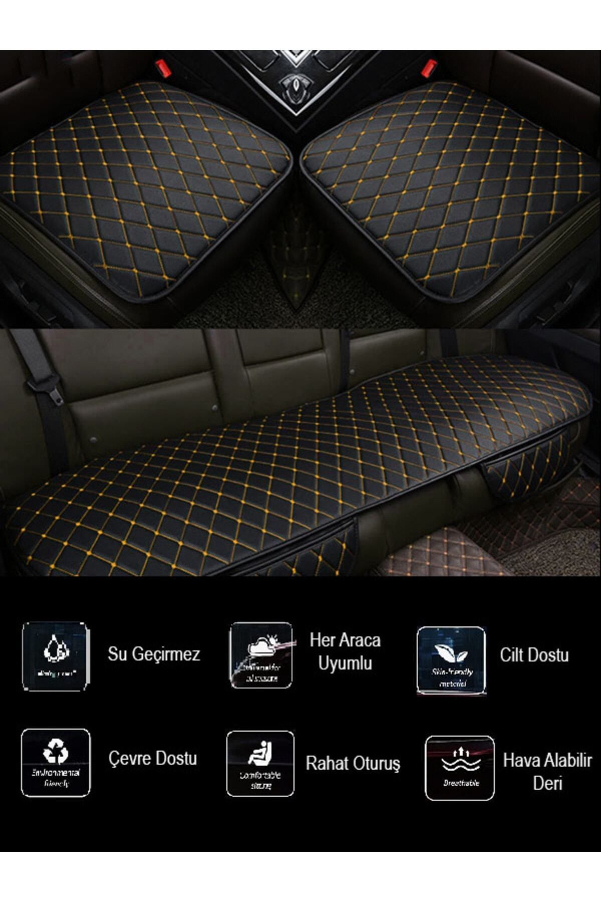 teknotrust Hatchback Koltuk Minderi Takımı, Siyah-Deri, Sarı Dikiş, 2012-2016 Uyumlu