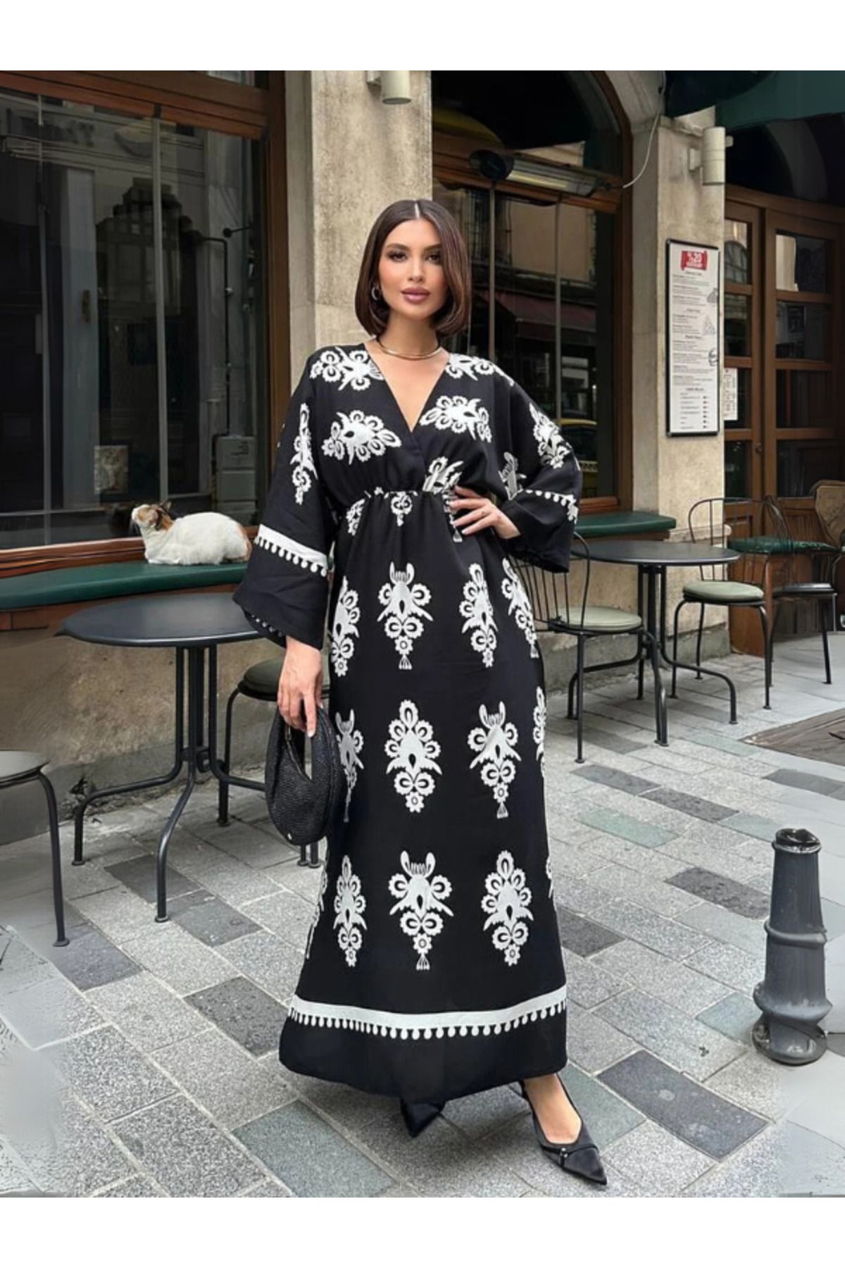 Rhythm Clothing Etnik Desenli, Rahat Kalıp, Yarasa Kol, Yırtmaç Detaylı, Kadın Yazlık Elbise