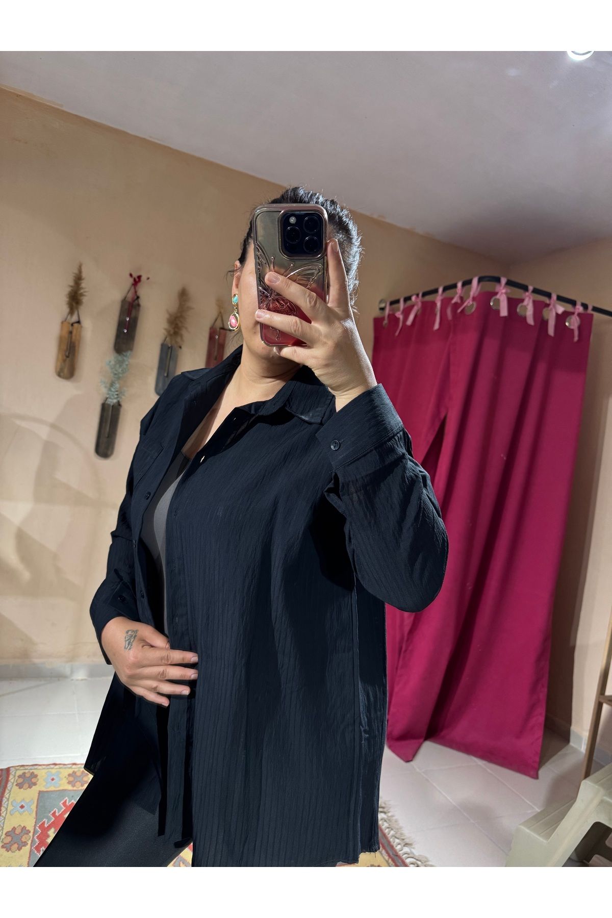 özgürmoda Kadın Ekru Kendinden Çizgili Oversize Gömlek
