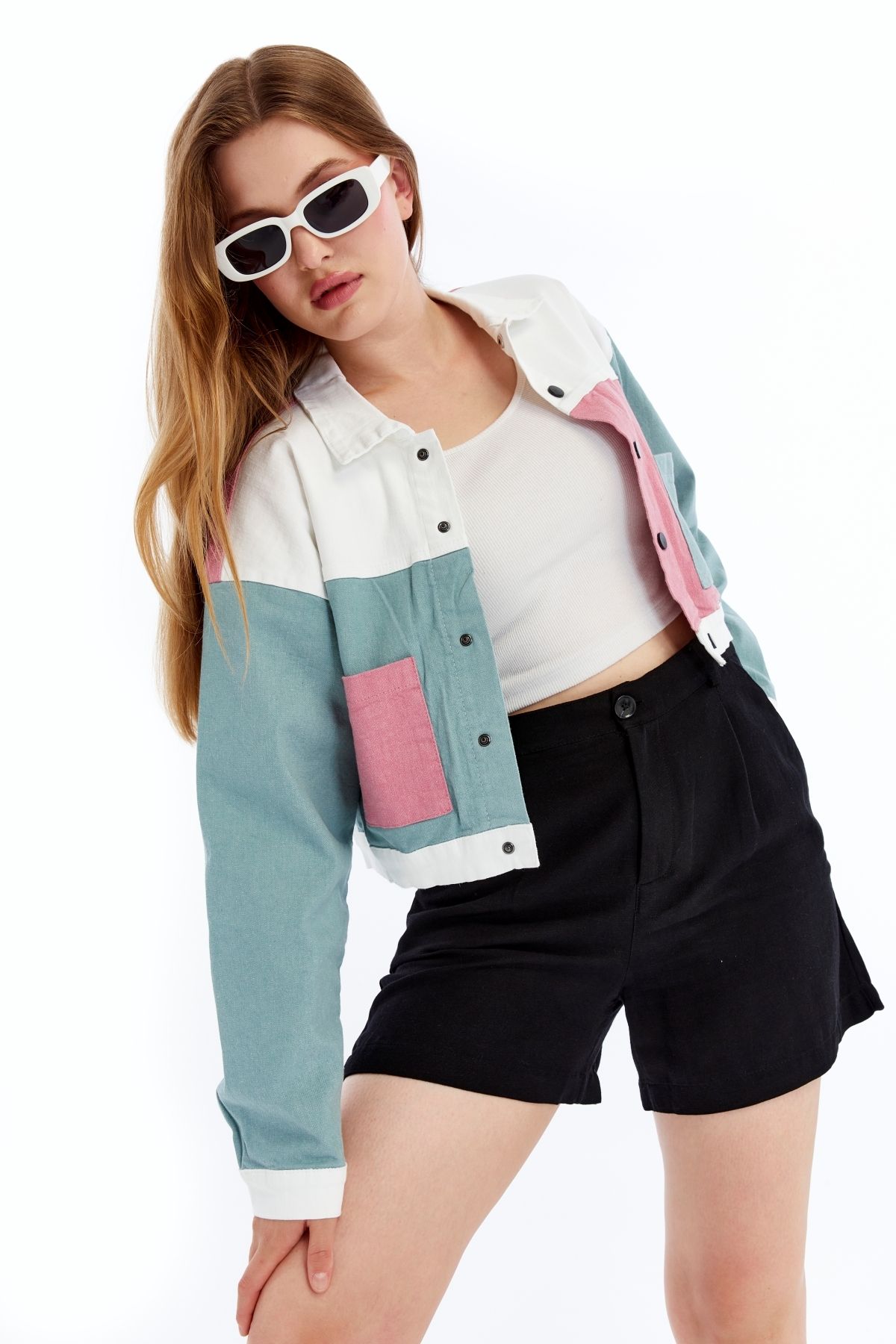 CHOS7N-Women's Bomber Gabardine Jacket Snap Button College Denim Jacket with Pockets Colorful Easy to Match Jacket 2