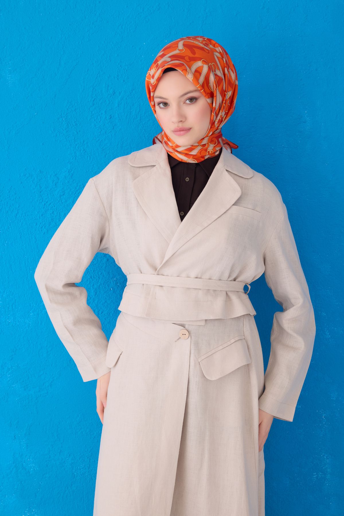 Belli Twill İpek Eşarp 4125D Zincir Desen Turuncu-Bej-37