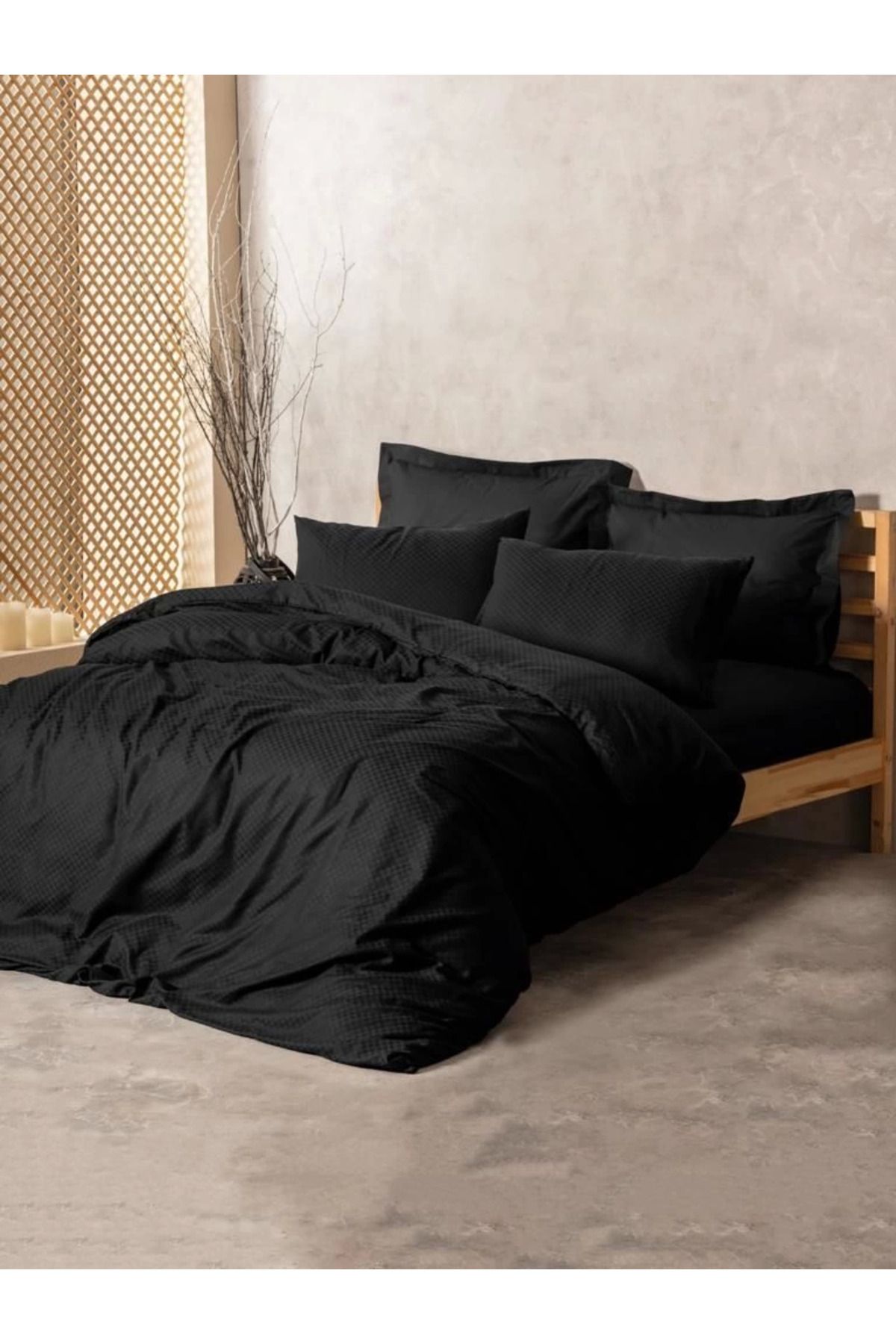 Modafiks Cotton Box Plain Plaid Çift Kişilik Nevresim Takımı Siyah