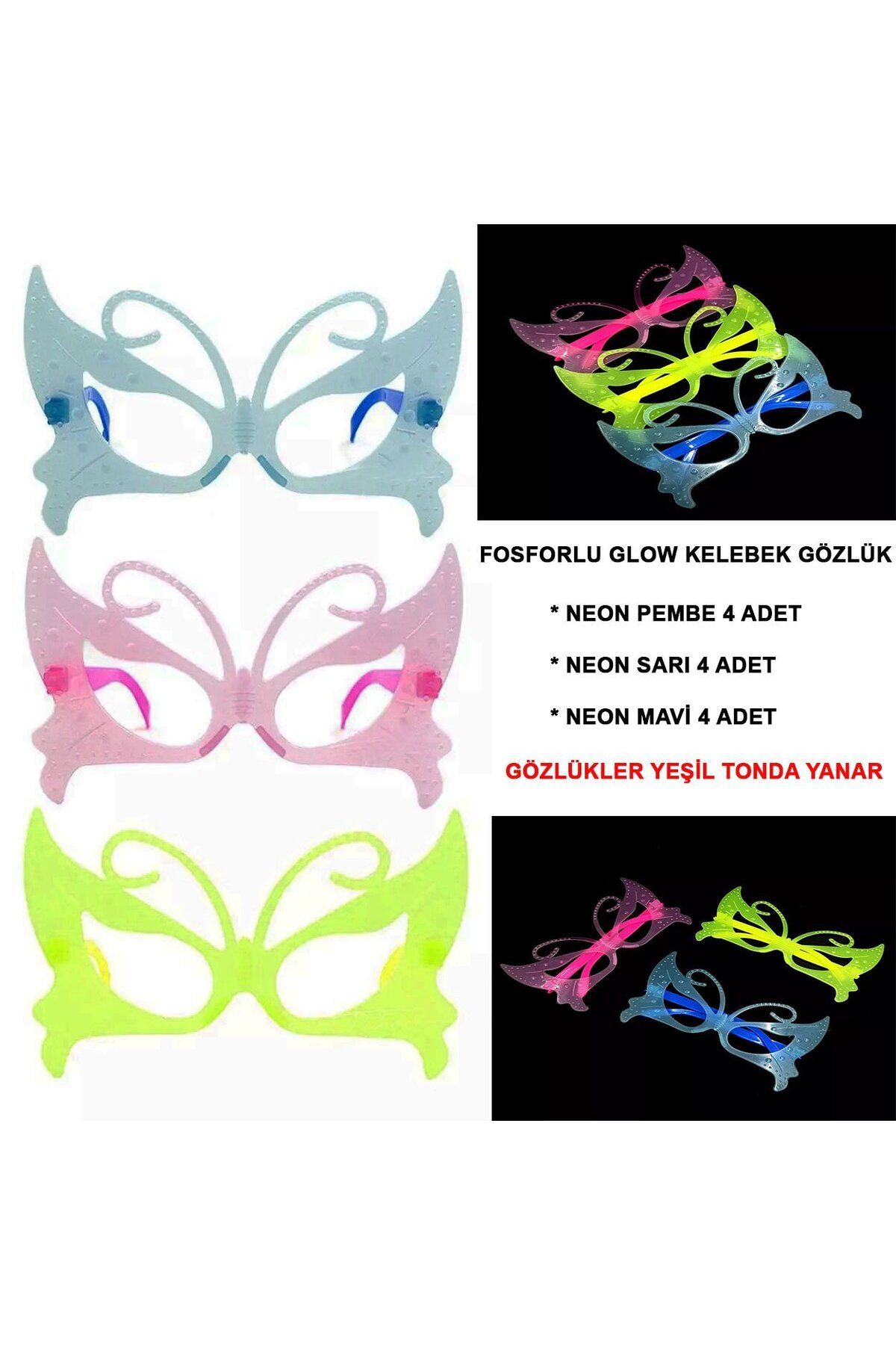 Emperium Fosforlu Kelebek Model Glow Parti Gözlüğü Karanlıkta Yanan Gözlükler 12 Adet