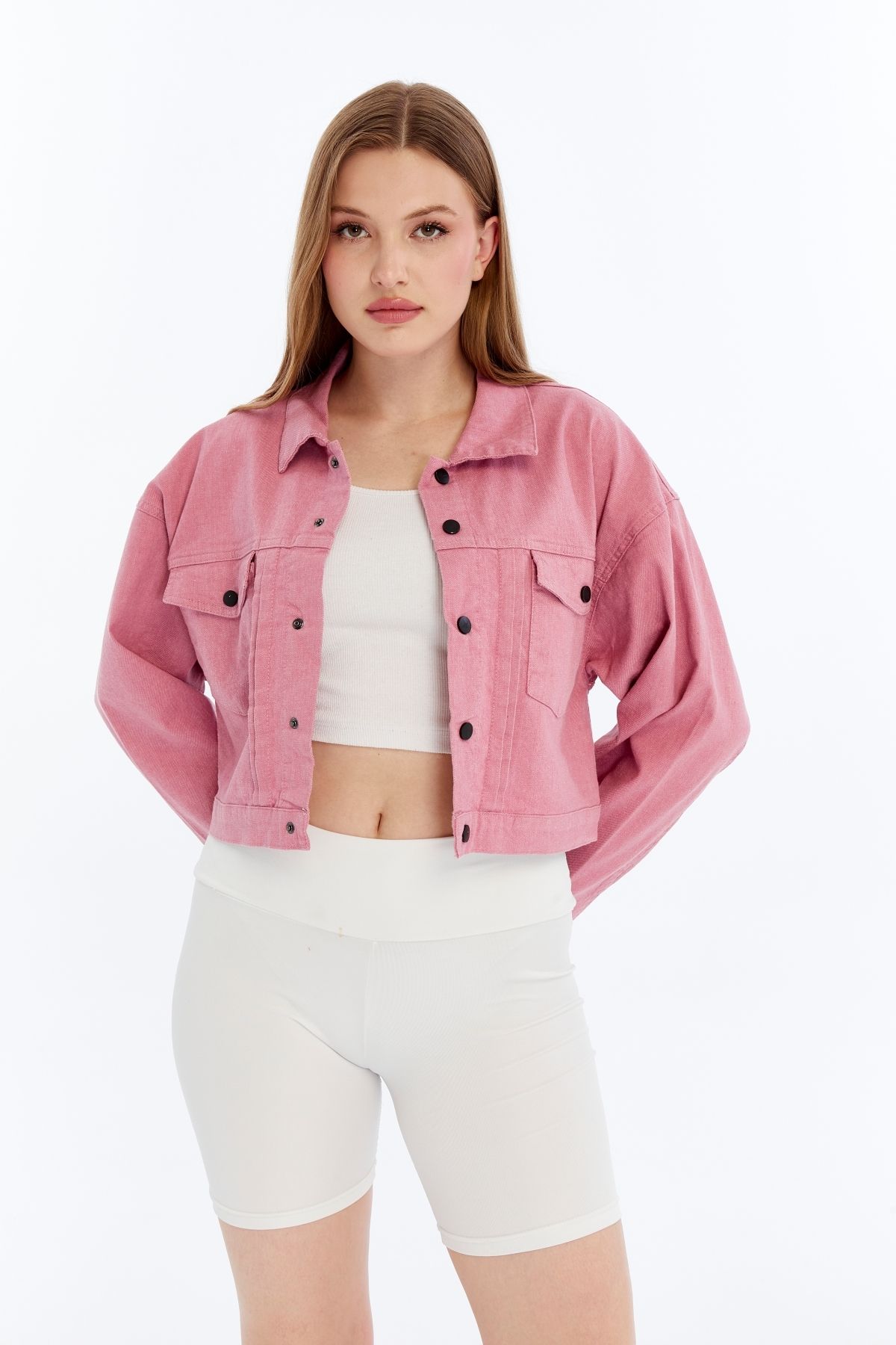 CHOS7N-Women's Bomber Gabardine Jacket Snap Button College Denim Jacket with Pockets Colorful Easy to Match Jacket 4