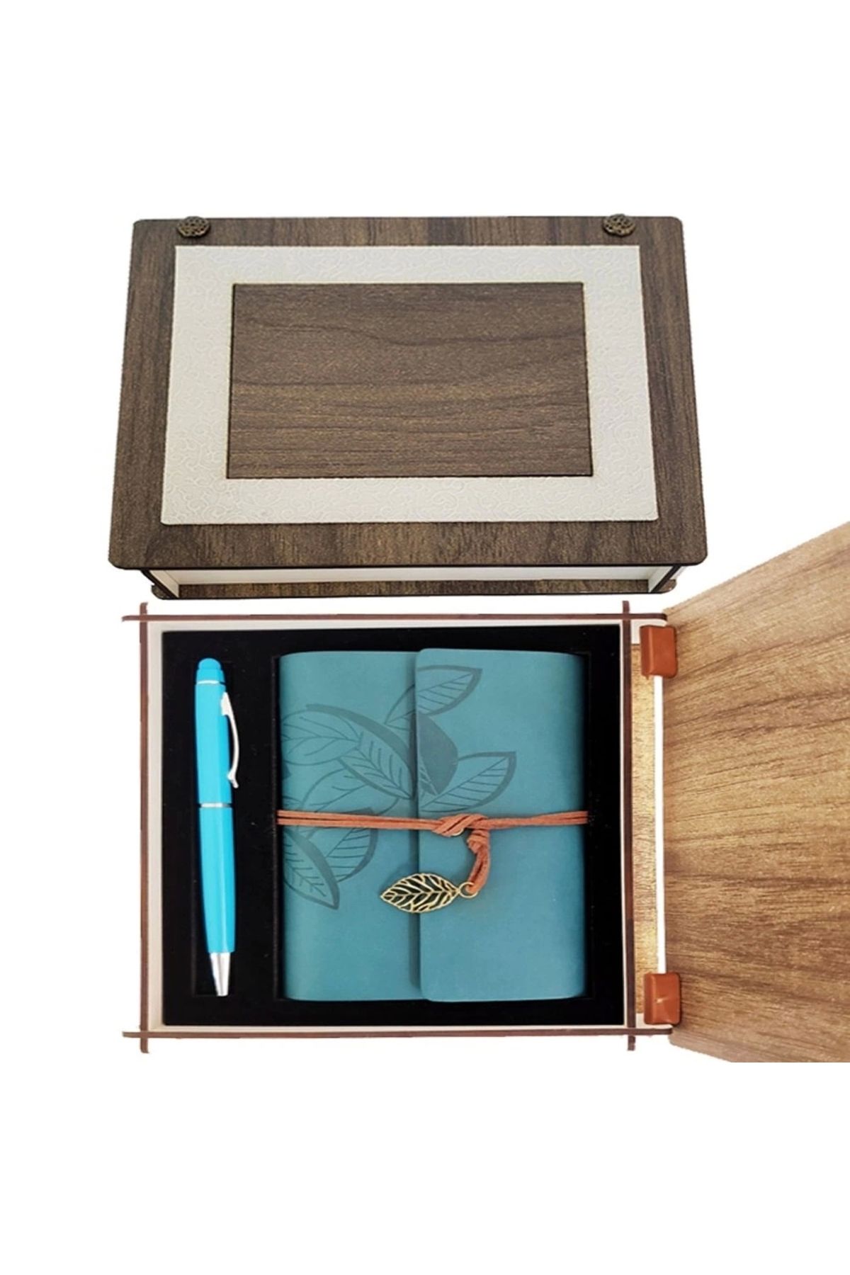 shop Özel Ahşap Kutulu Mavi Deri Defter Ve Kalem Set
