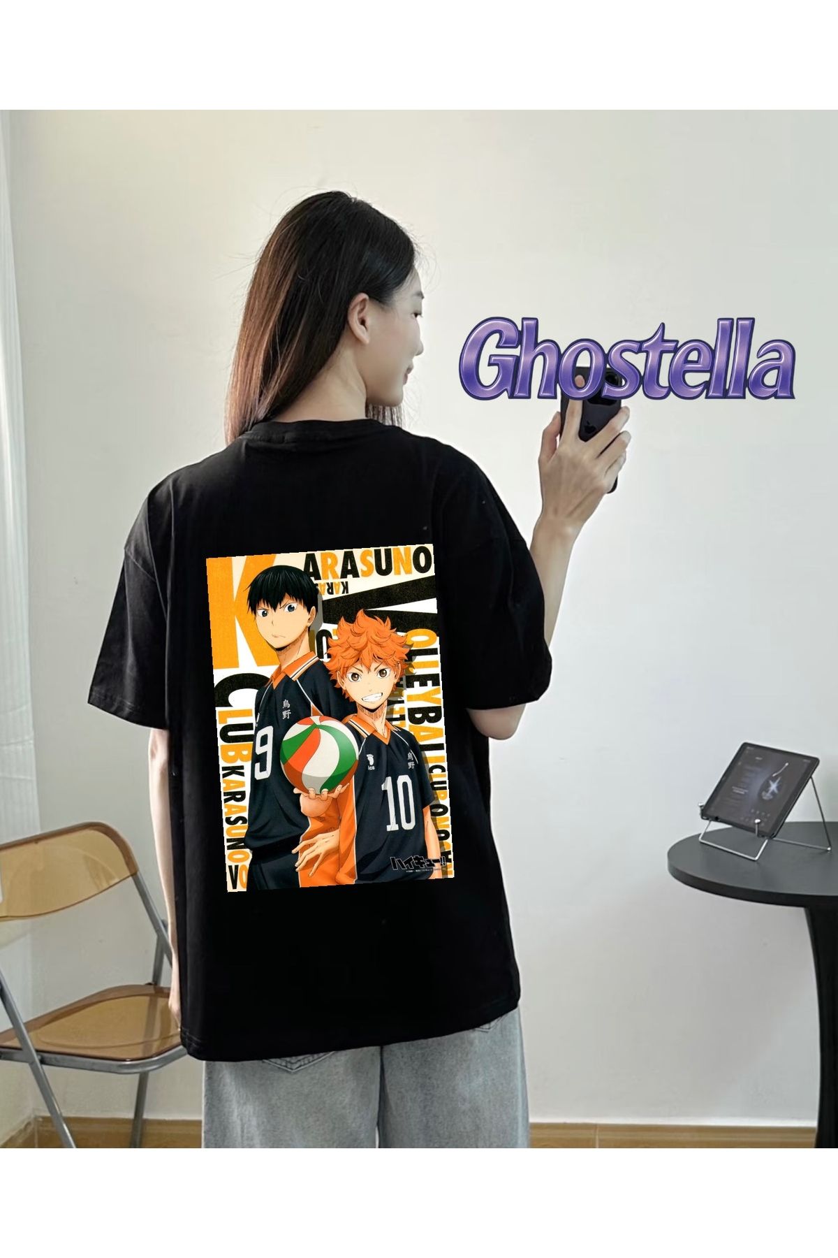 Minga London Siyah Haikyu Friend Anime Baskılı Oversize Unisex Tshirt -Ghostella