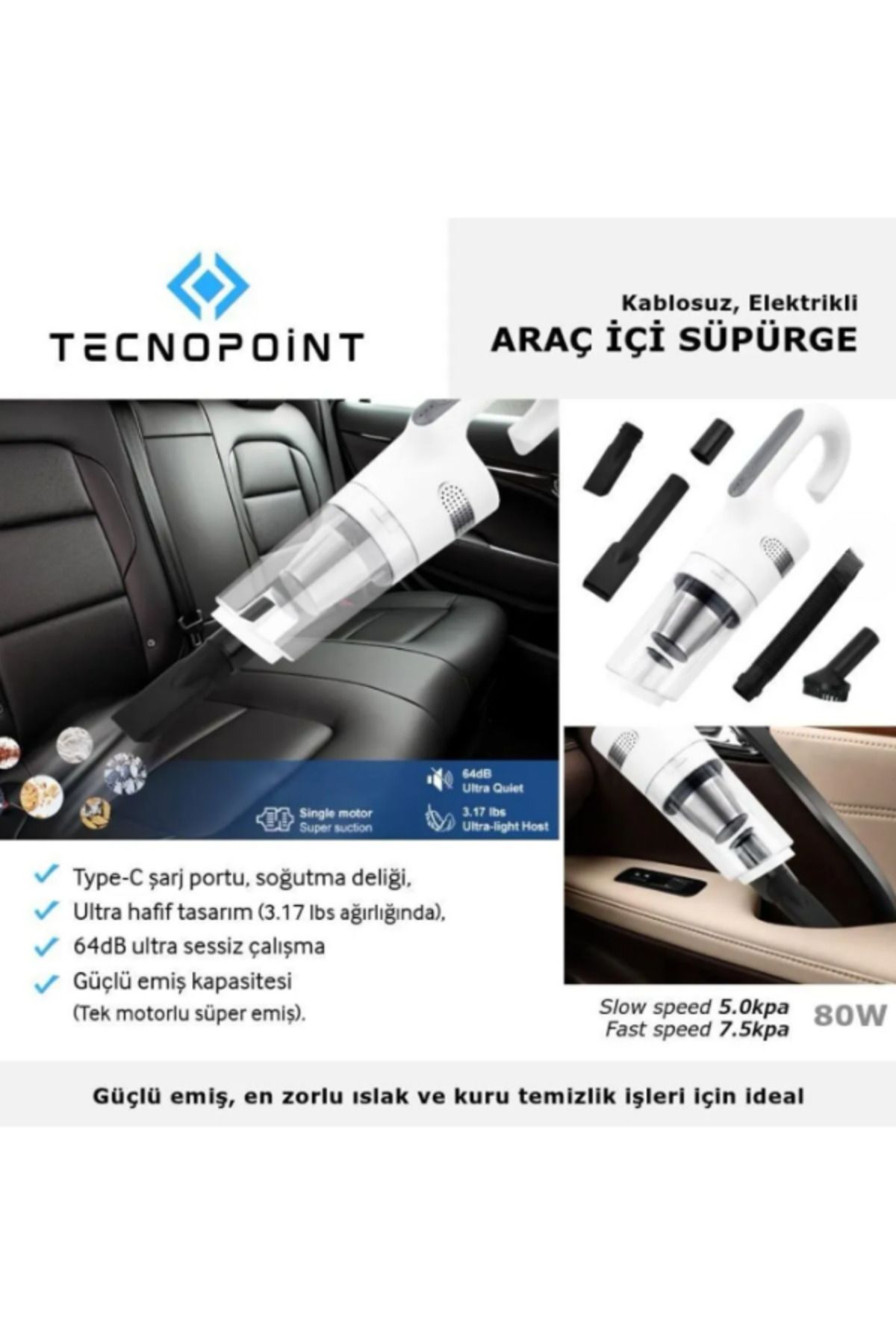 tecnopoint Şarjlı Araç İçi El Süpürgesi – 80W Güçlü Vakum, USB Bağlantılı, Ev/Ofis Kullanımı