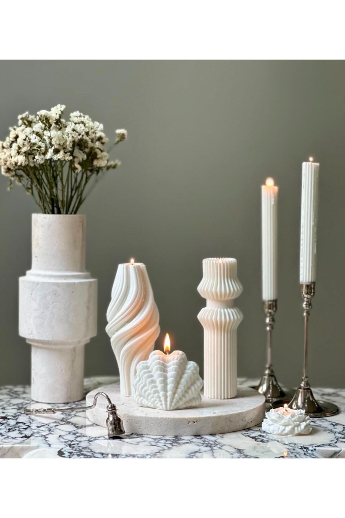 SCA CANDLE Dekoratif mum Vazo +Deniz Kabuğu +ikili Yavarlak +Çizgili Şamdan Mum Toplam 5 Parça