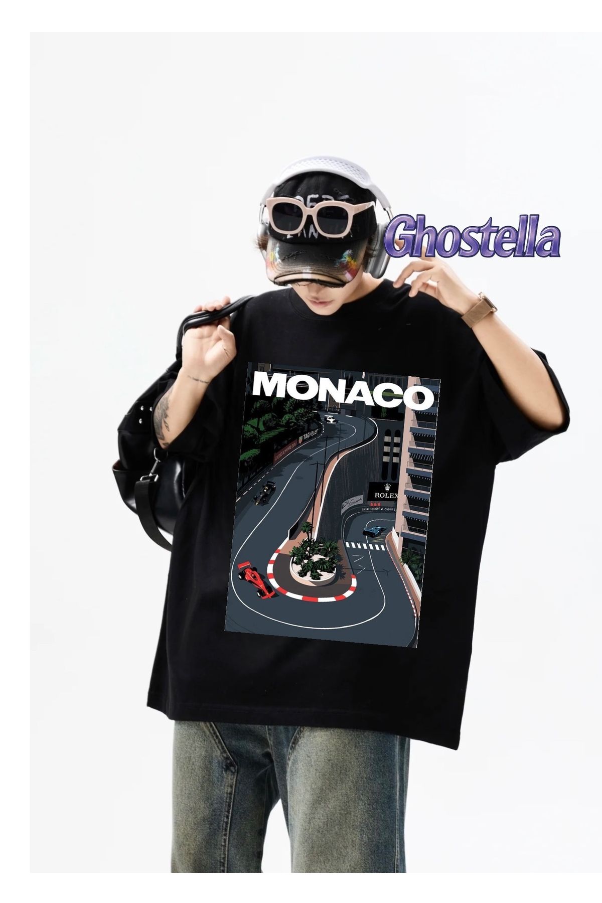 Minga London Siyah Monaco Car Baskılı Oversize Unisex Tshirt -Ghostella
