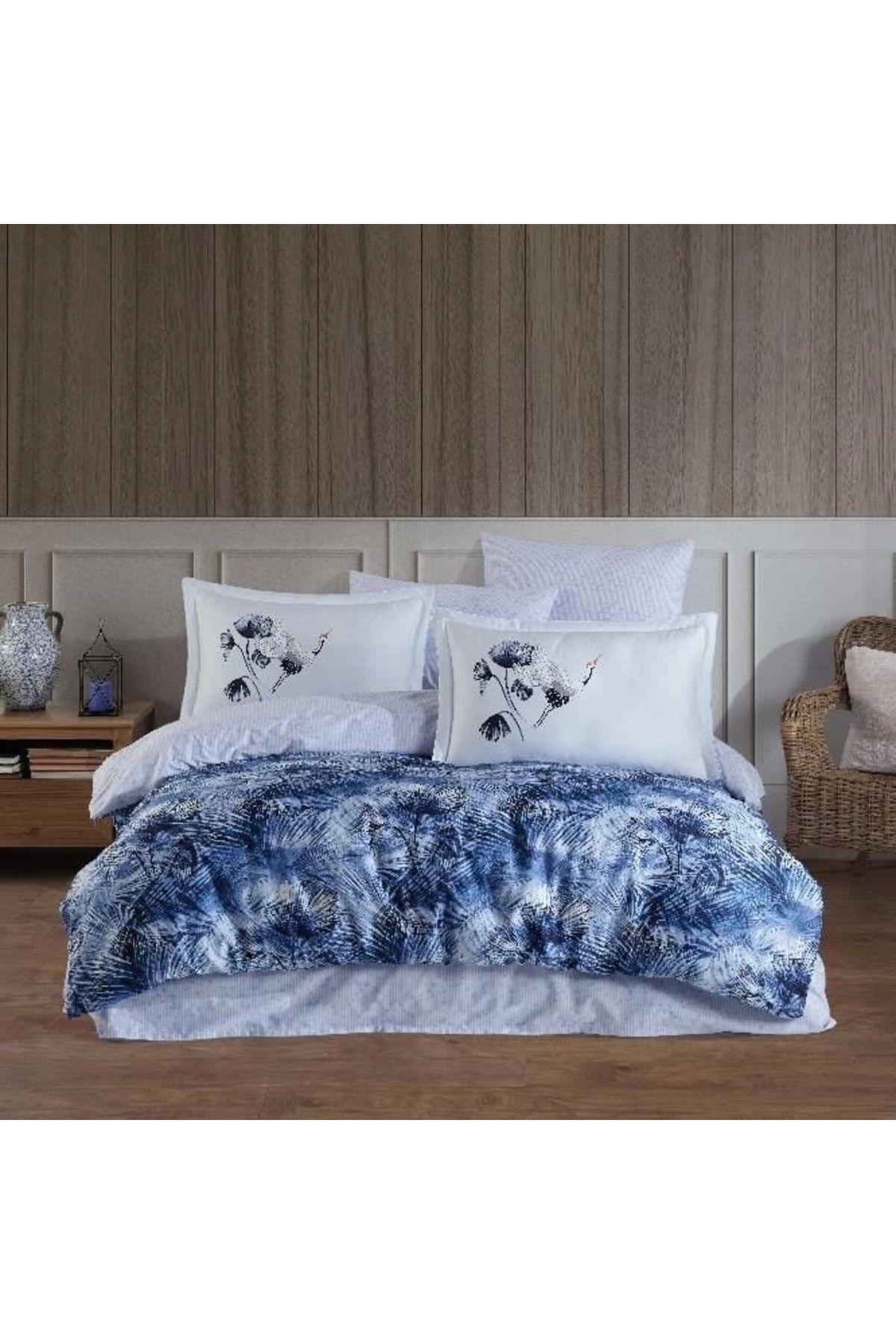 Modafiks Premium Deluxe 300TC Çift Kişilik Saten Nevresim Takımı Lilian Mavi