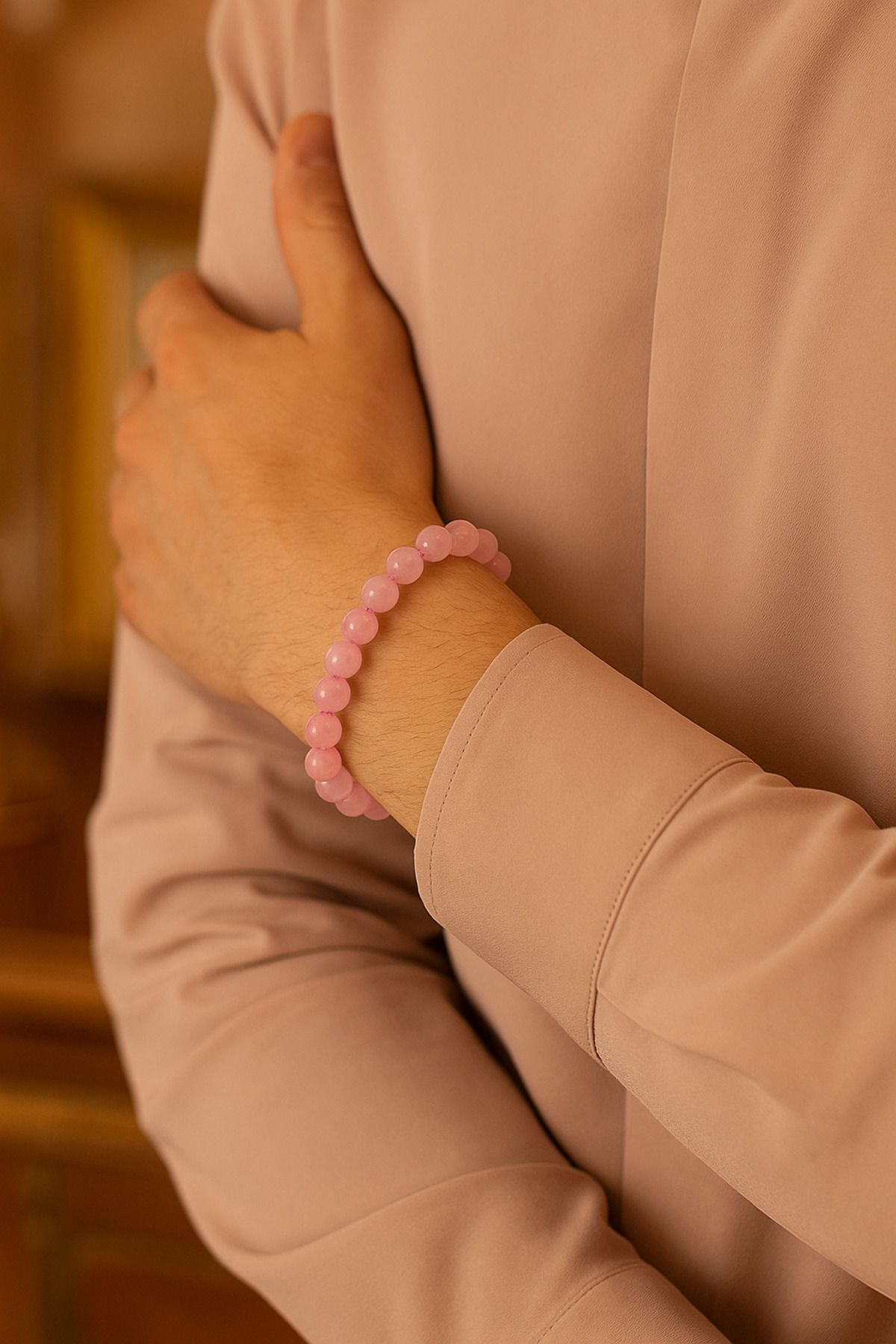 Safnaturel IGSL Sertifikalı Pembe Kuvars Doğal Taş Bileklik – 8 mm Küre Kesim