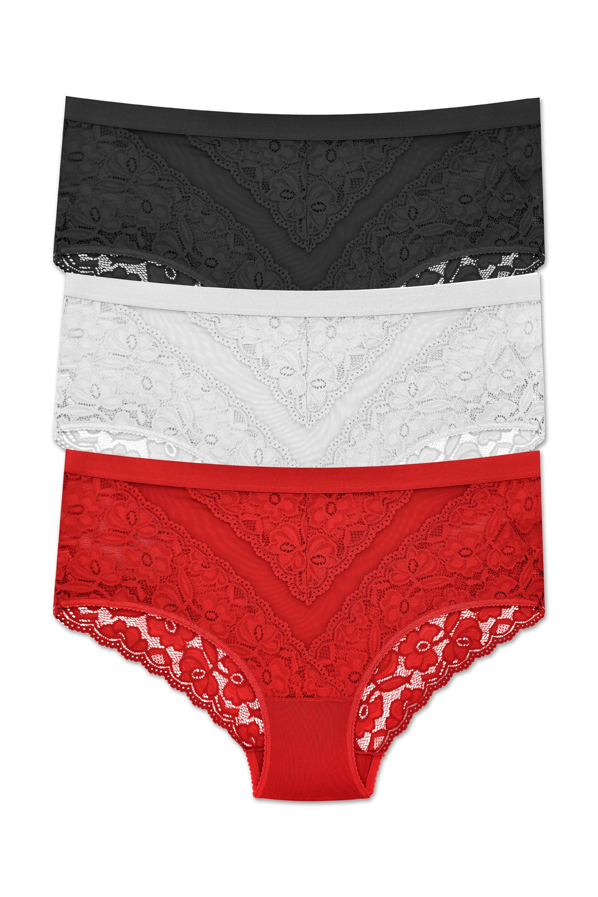 ZENA UNDERWEAR 3'lü Dantelli Tül Detaylı Lastikli Yüksek Bel Büyük Beden Kadın Külot
