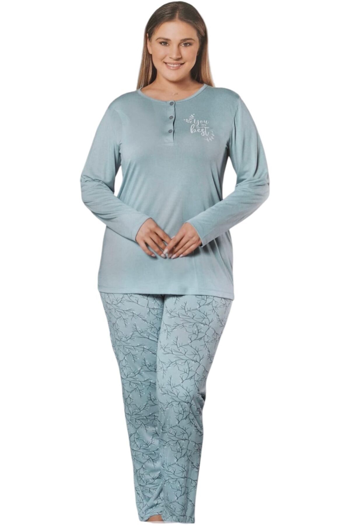 Alperi Büyük Beden Yazlık Uzun Kol Pijama Takımı Yeşil