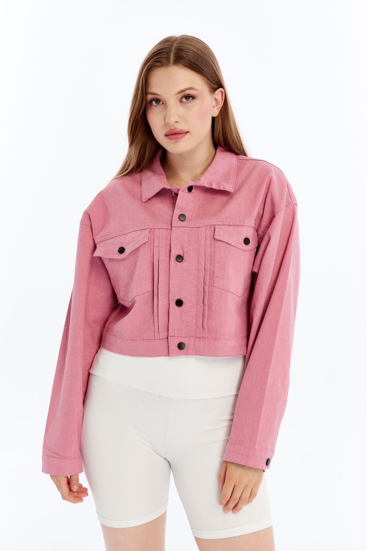 CHOS7N-Women's Bomber Gabardine Jacket Snap Button College Denim Jacket with Pockets Colorful Easy to Match Jacket 6